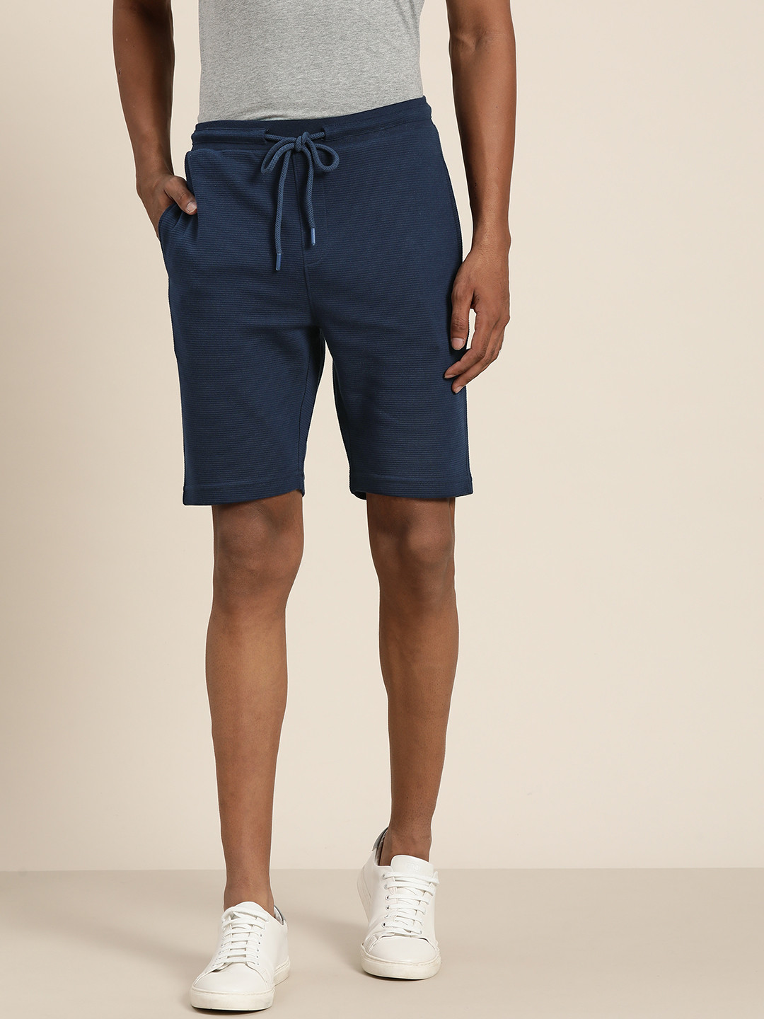 

ether Men Navy Blue Self-Striped Shorts