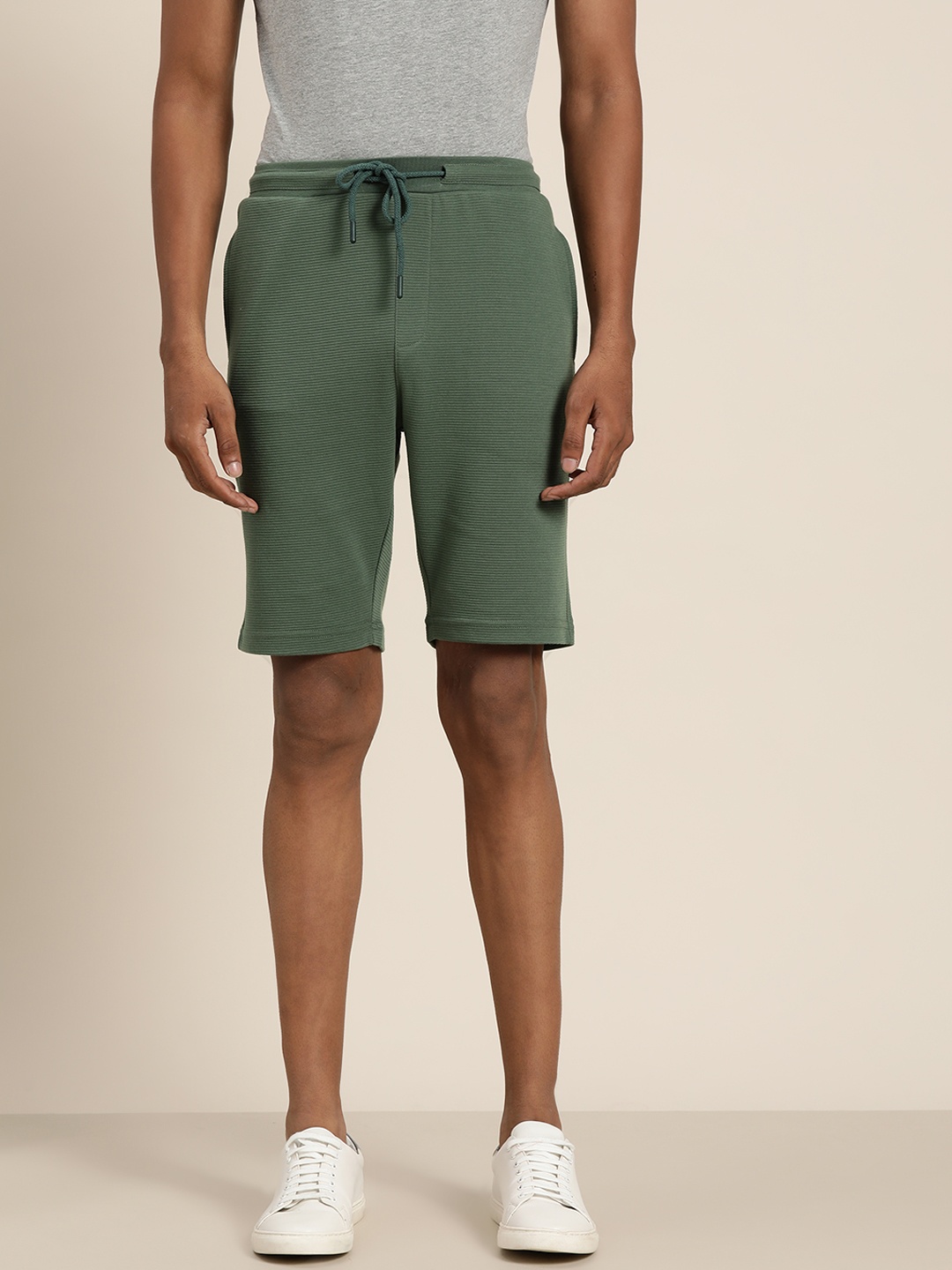

ether Men Olive Green Self-Striped Shorts