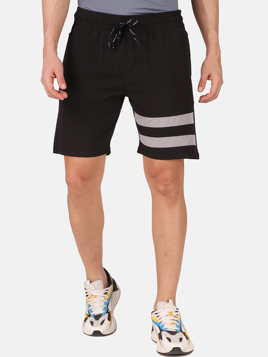 

FITINC Men Black Striped Running Shorts