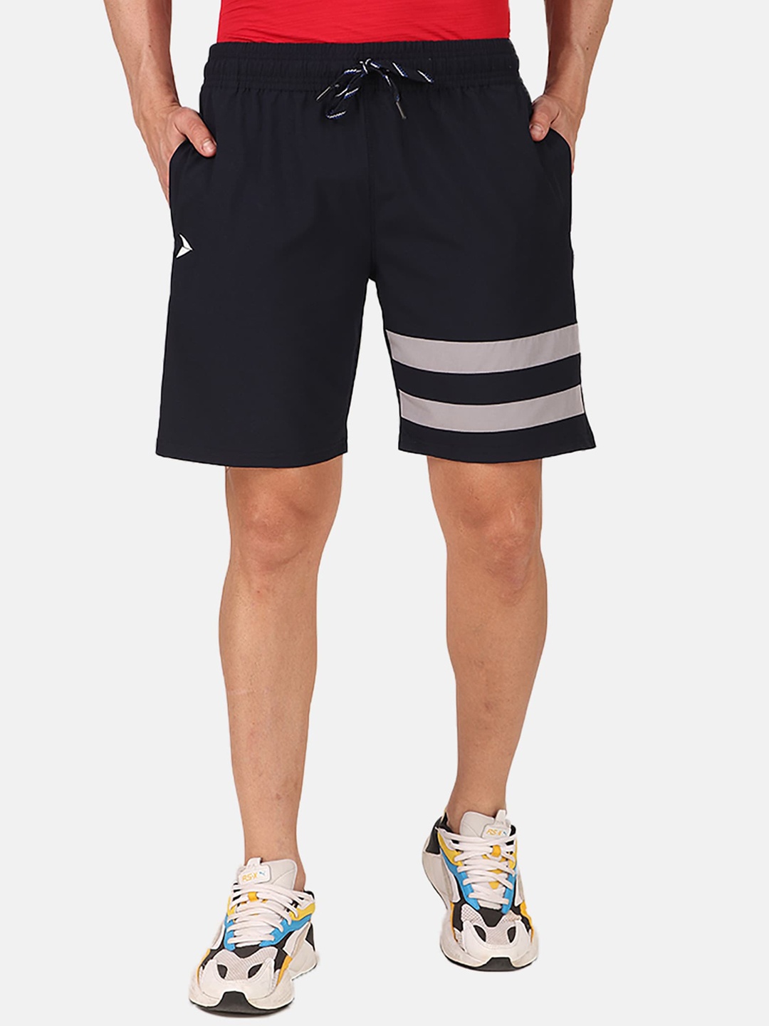 

FITINC Men Navy Blue Striped Running Sports Shorts