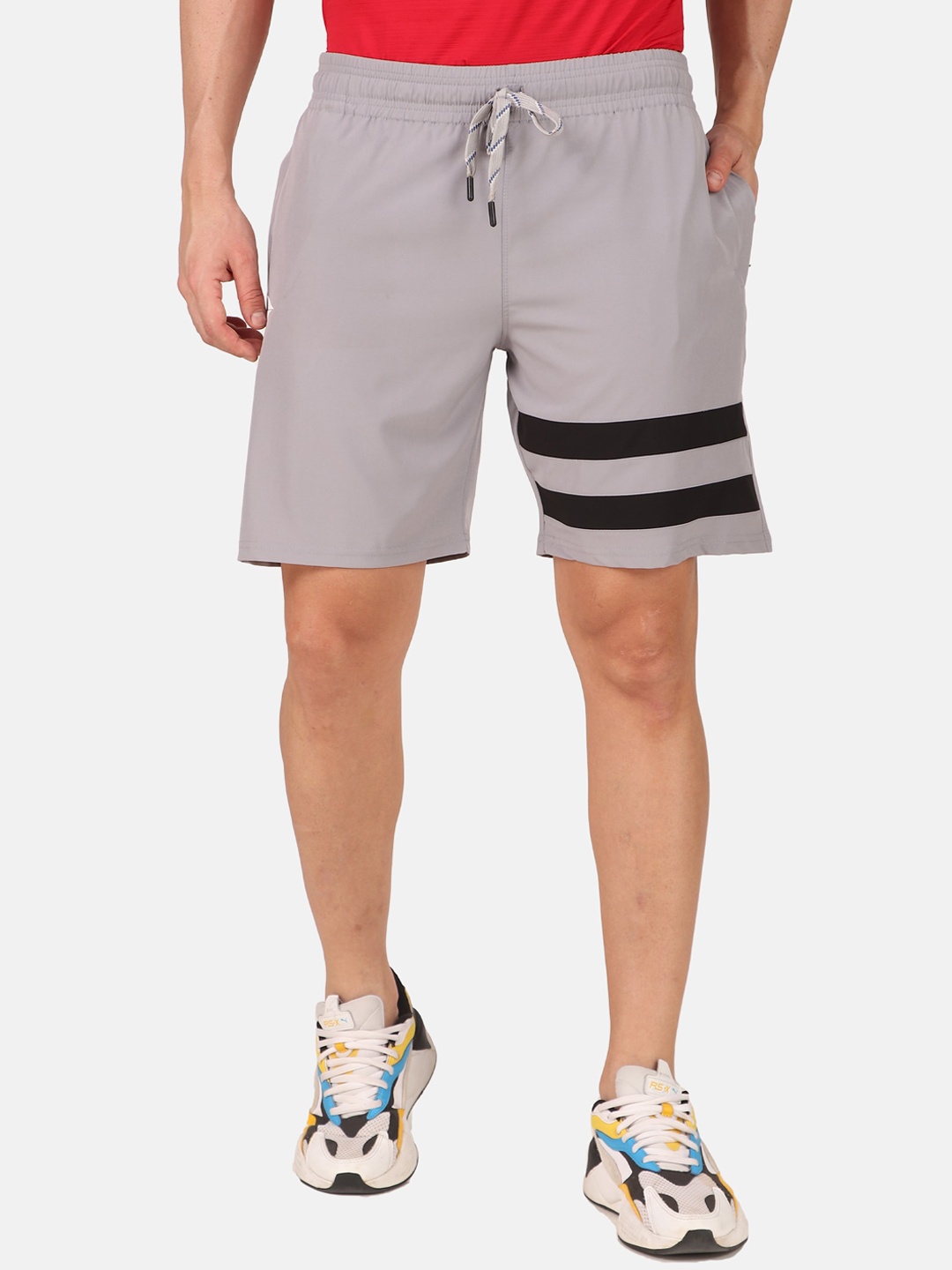 

FITINC Men Off White Striped Running Shorts