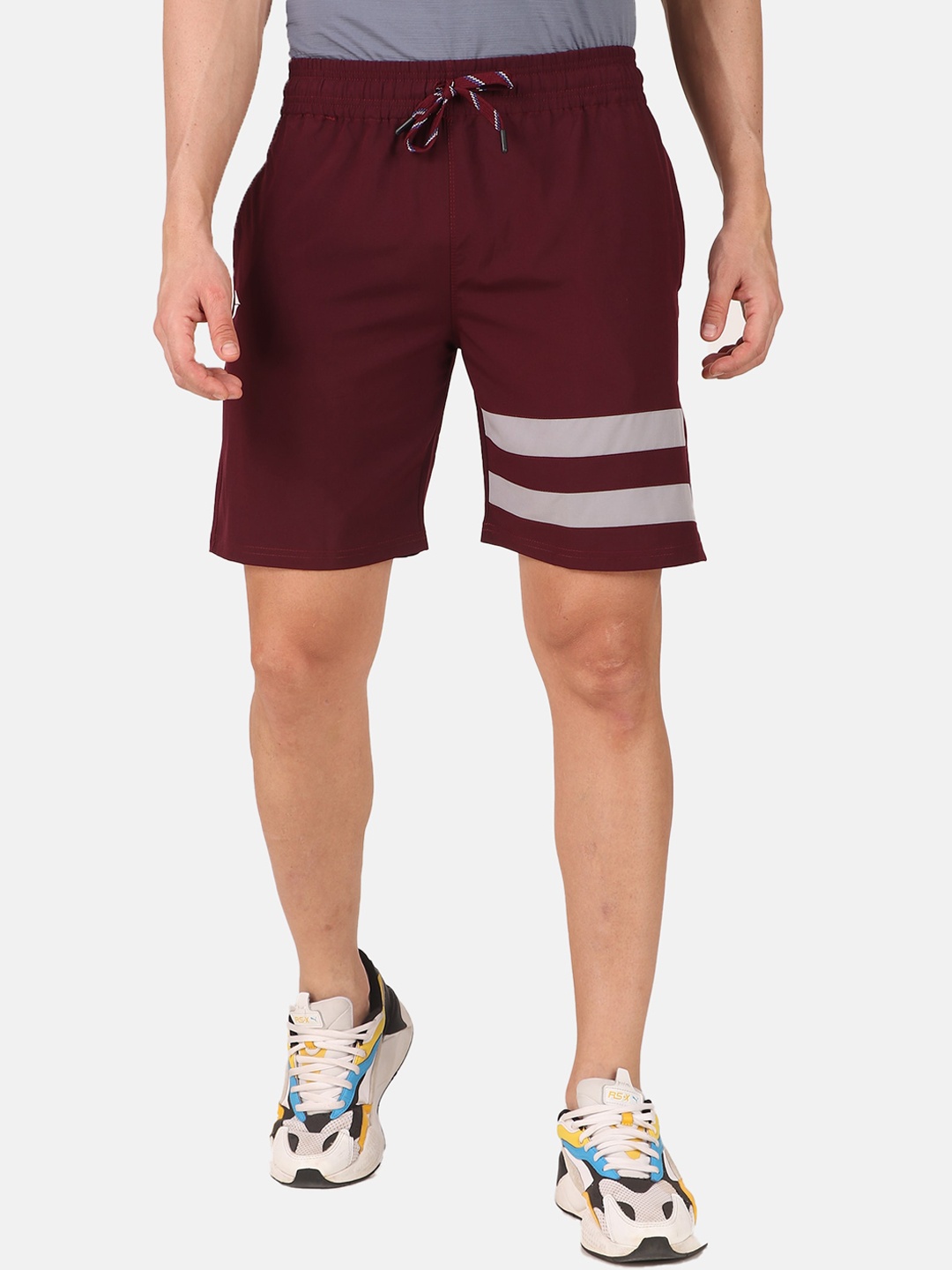

FITINC Men Maroon Striped Running Sports Shorts