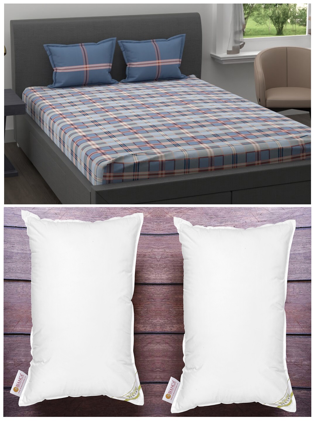

BIANCA Set Of 144Tc Queen-Size Bedsheet With 2 Pillow Cover & 2 Anti Stress Pillows, White
