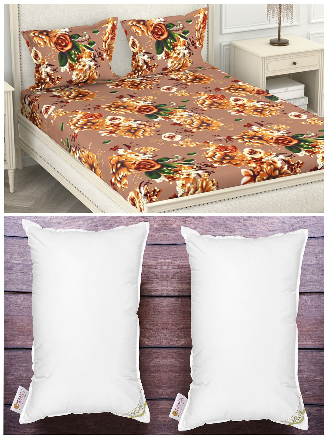 

BIANCA Set of 2 White Anti Stress Orthopedic Pillows & 210 TC Polyester King Bedsheet Set