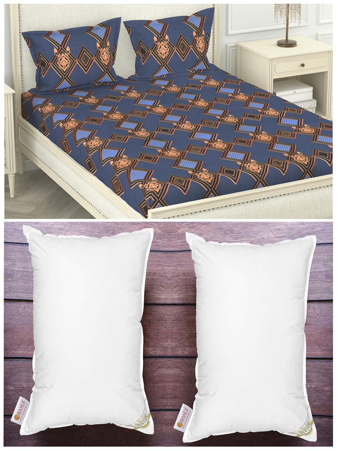 

BIANCA Set of 2 White Anti Stress Orthopedic Pillows & 210 TC Polyester King Bedsheet Set