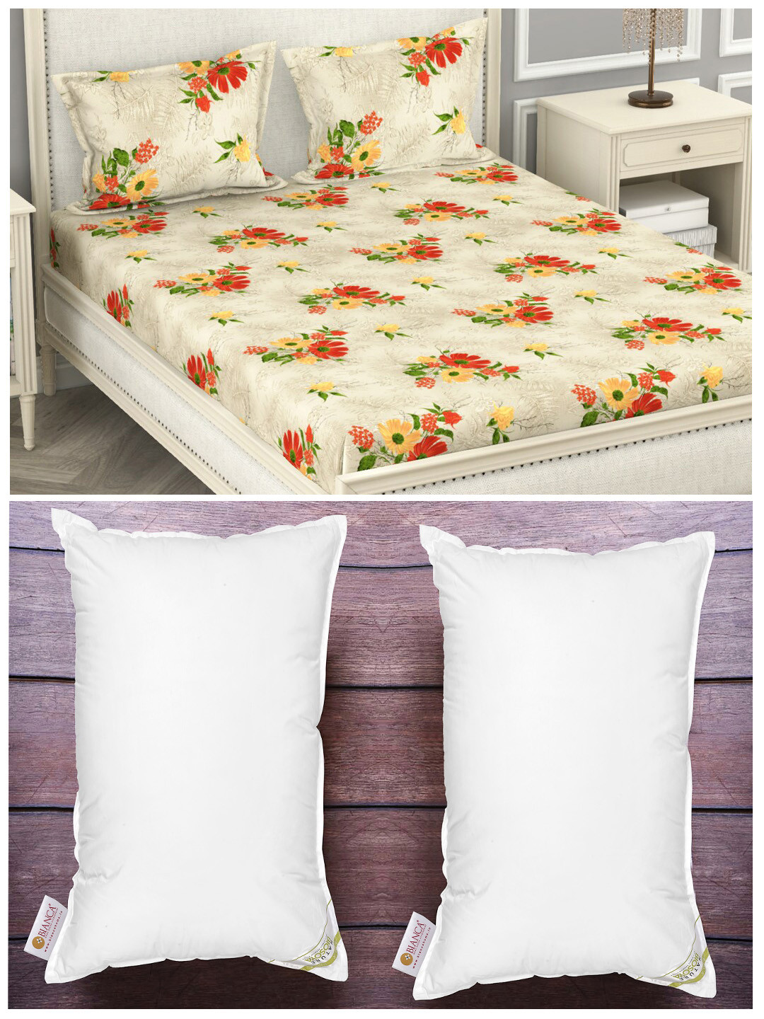 

BIANCA Set of 2 White Anti Stress Orthopedic Pillows & 210 TC Polyester King Bedsheet Set