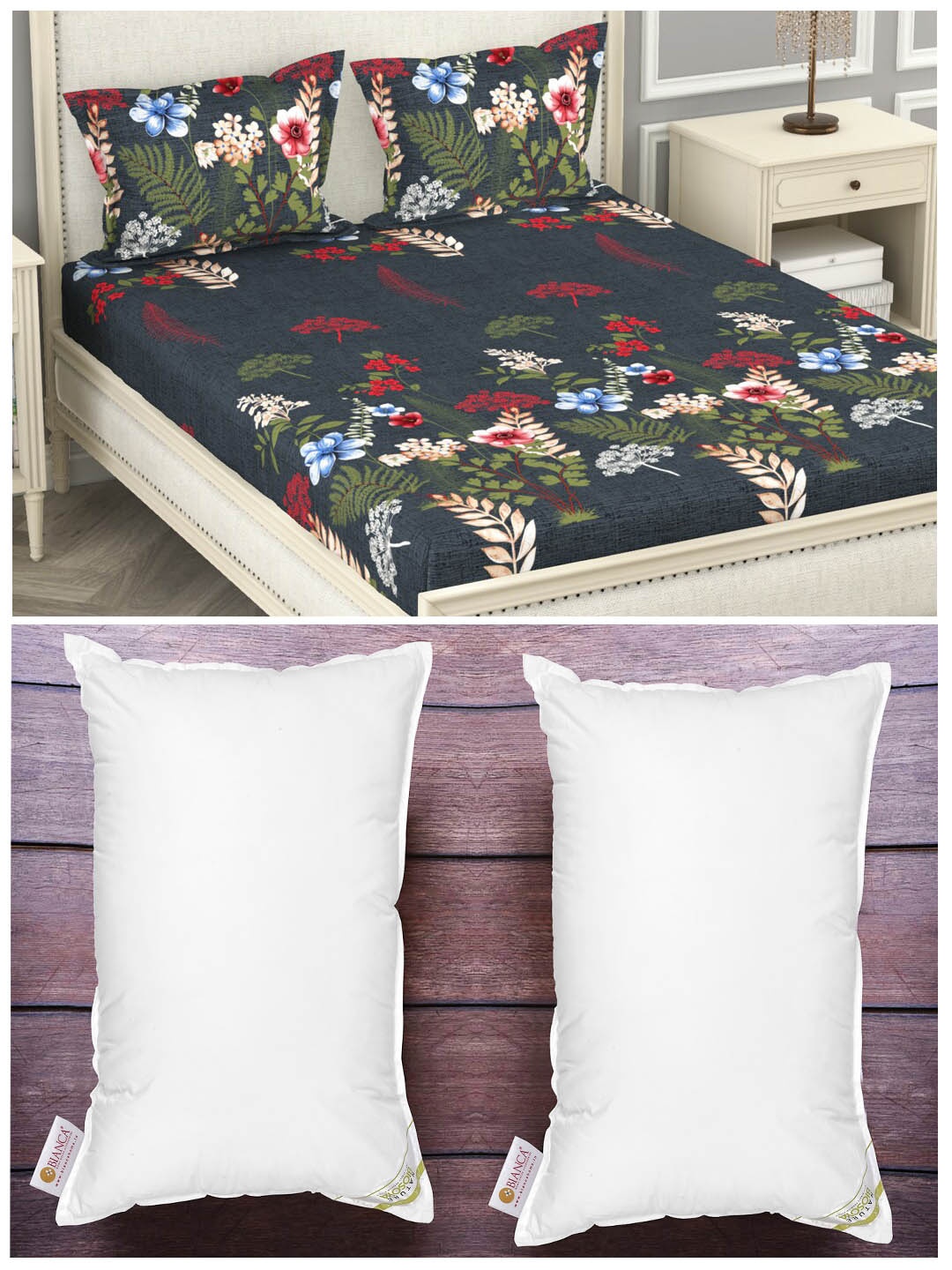

BIANCA Set of 2 White Anti Stress Orthopedic Pillows & 210 TC Polyester King Bedsheet Set