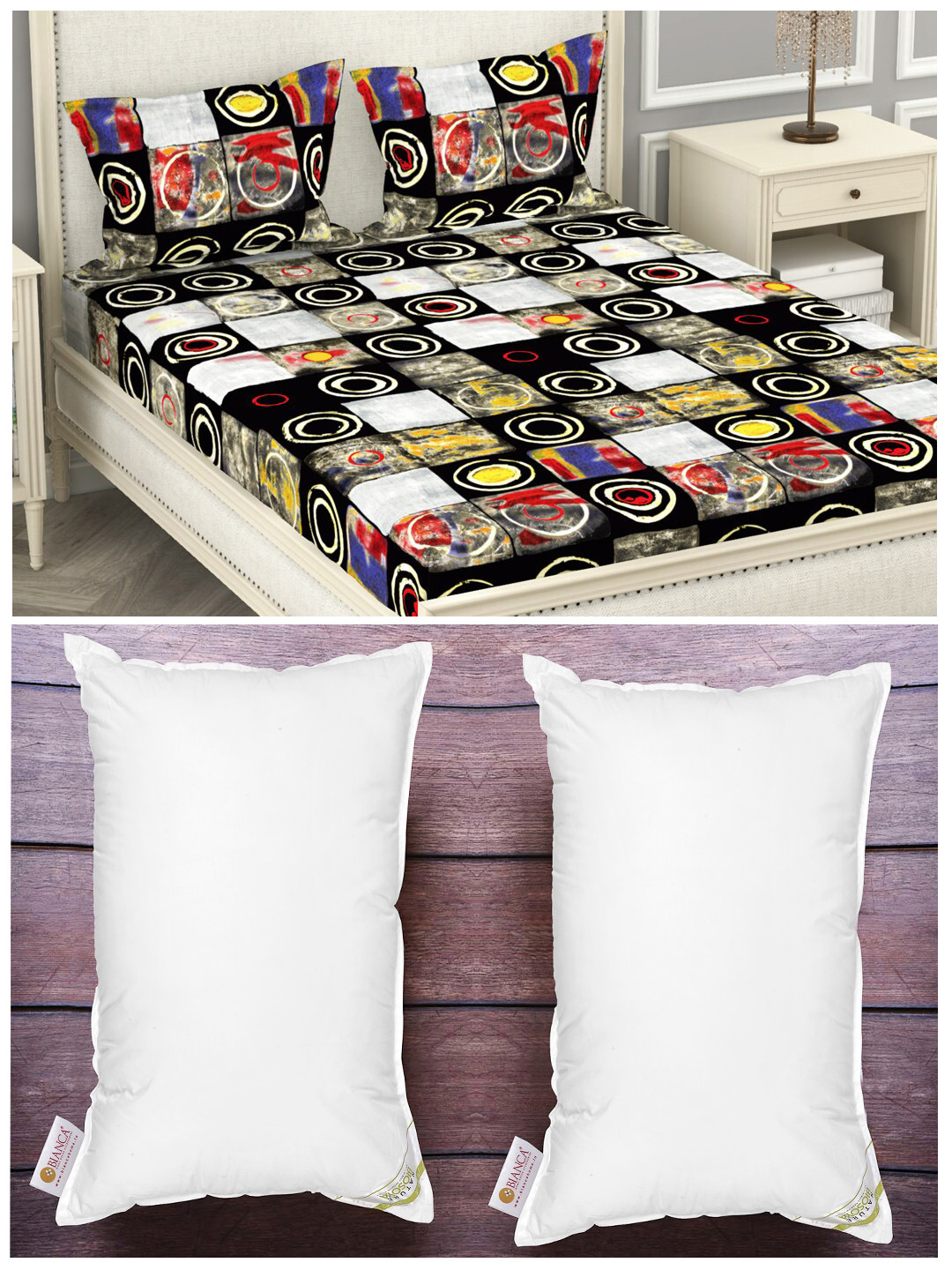 

BIANCA Set of 2 White Anti Stress Orthopedic Pillows & 210 TC Polyester King Bedsheet Set