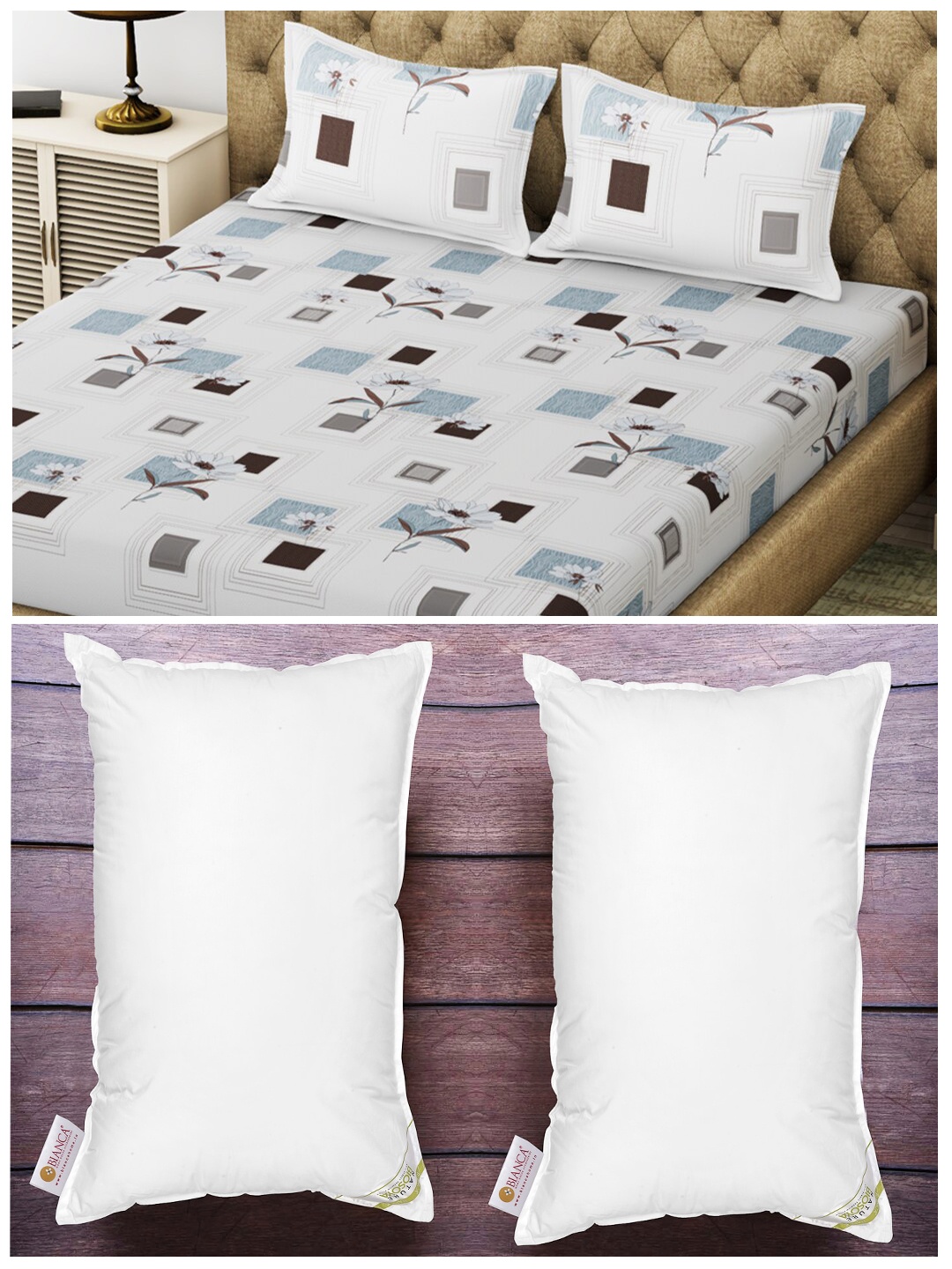 

BIANCA Set of 130GSM King Double Bedsheet With 2 Pillow Covers & 2 Medium-Firm Pillows, White