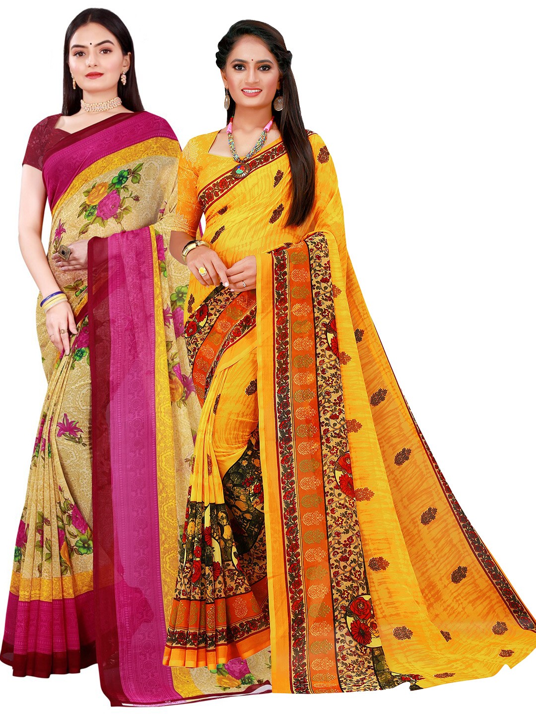 

SAADHVI Beige & Yellow Pack of 2 Pure Georgette Saree