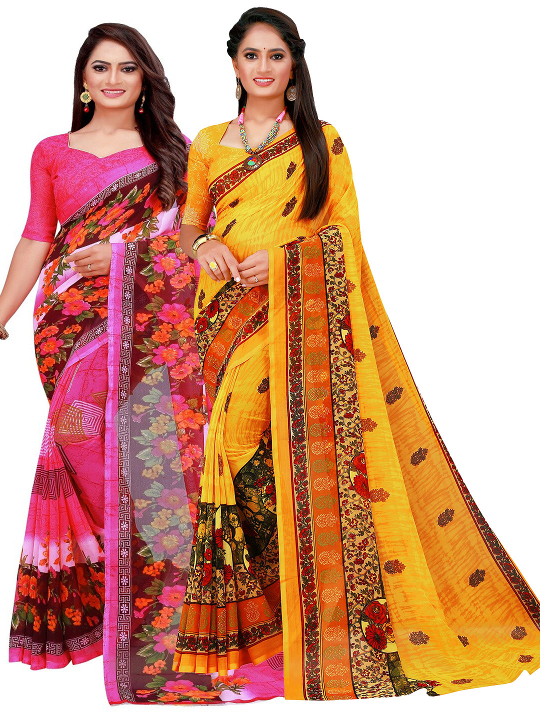 

SAADHVI Yellow & Pink Pure Georgette Saree
