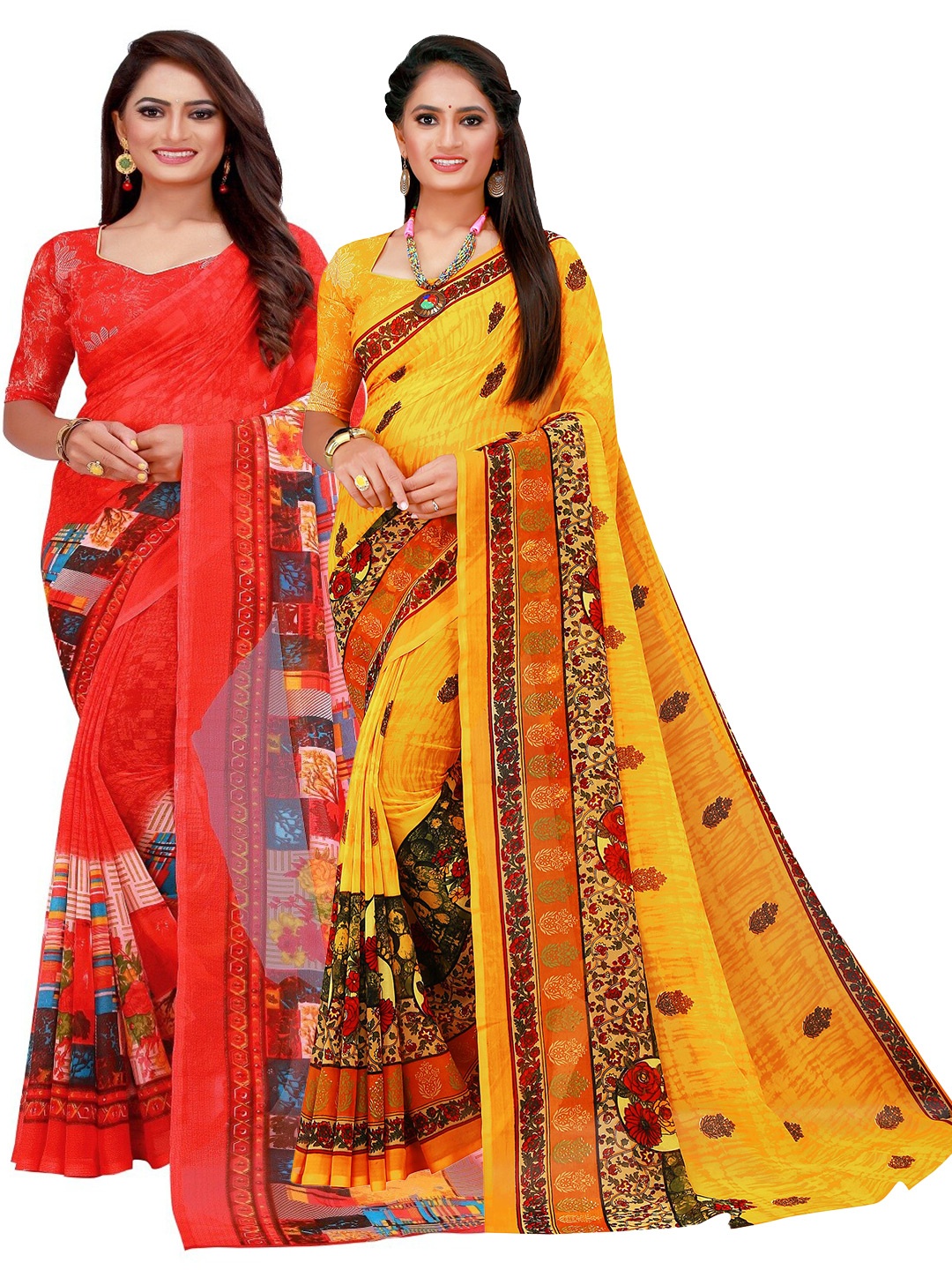 SAADHVI Yellow & Red Floral Pure Georgette Saree