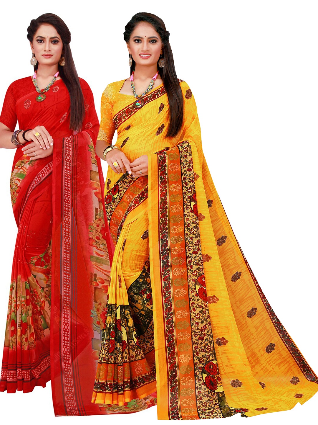 

SAADHVI Yellow & Red Pure Georgette Saree