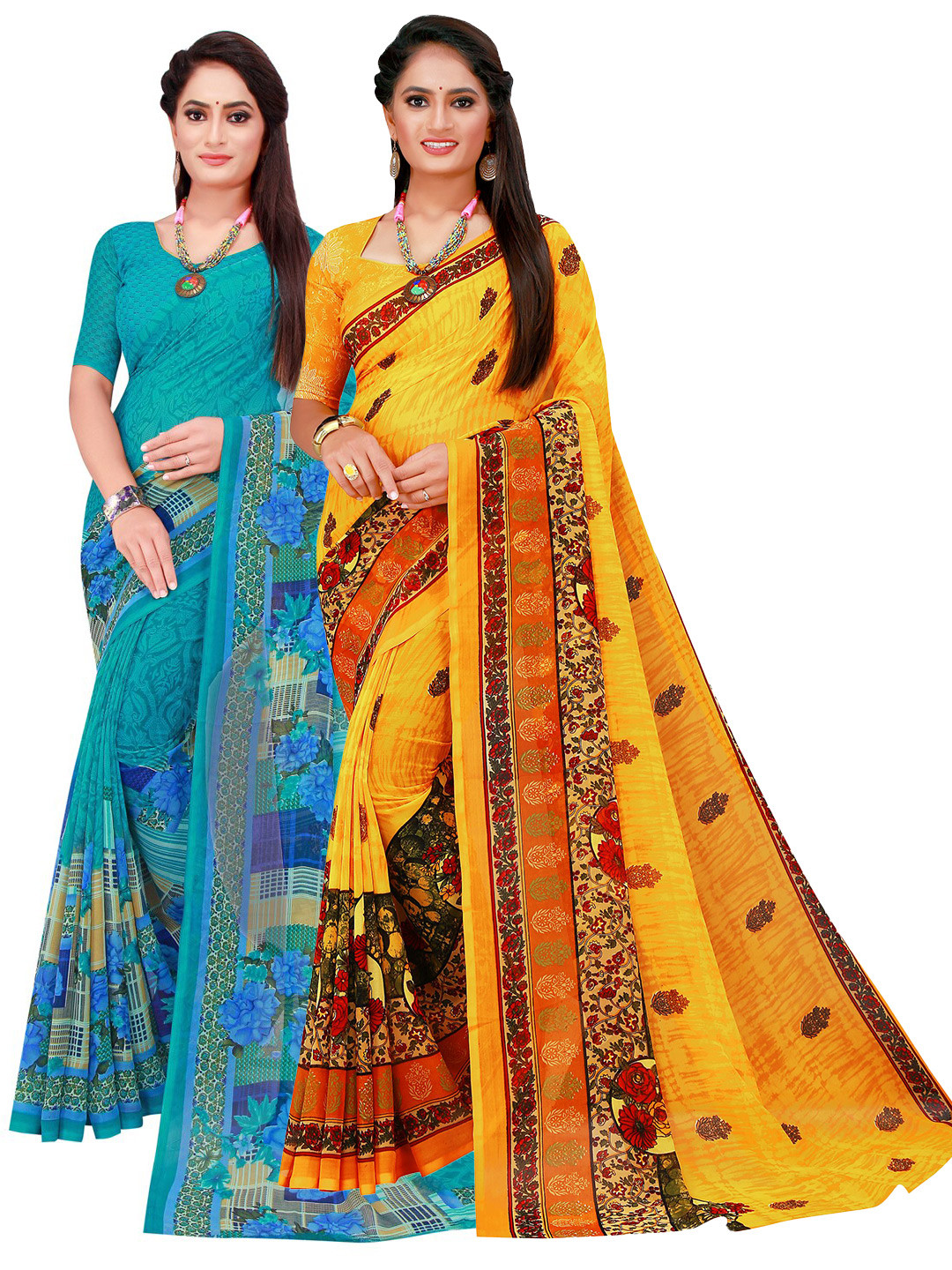 

SAADHVI Yellow & Teal Pure Georgette Saree