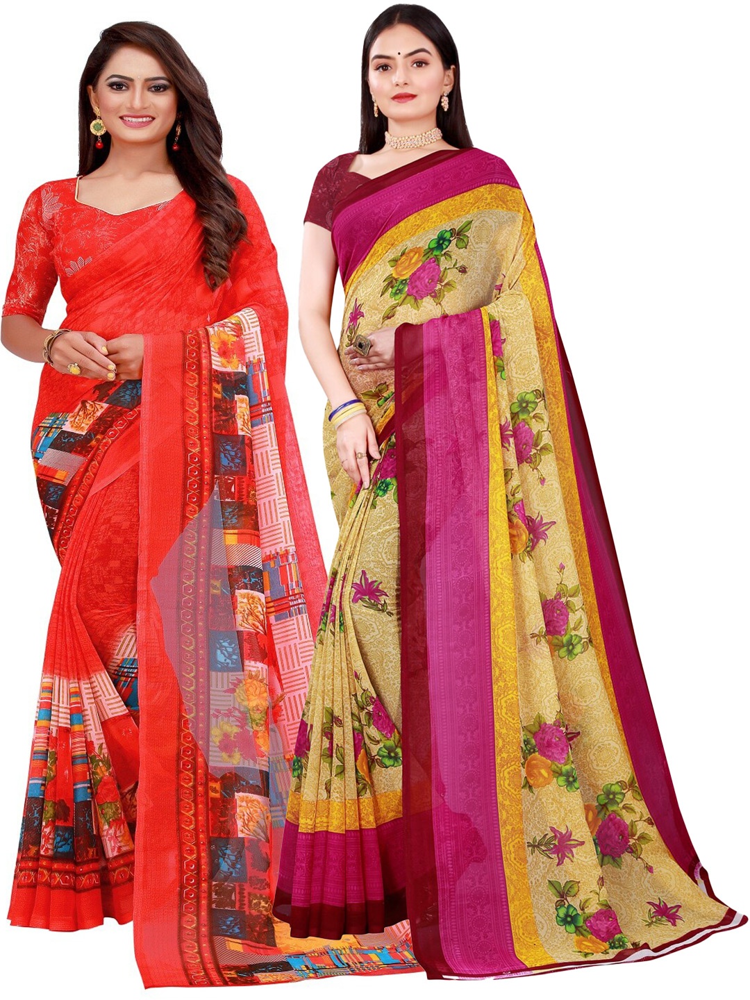 

SAADHVI Beige & Magenta Floral Pure Georgette Saree