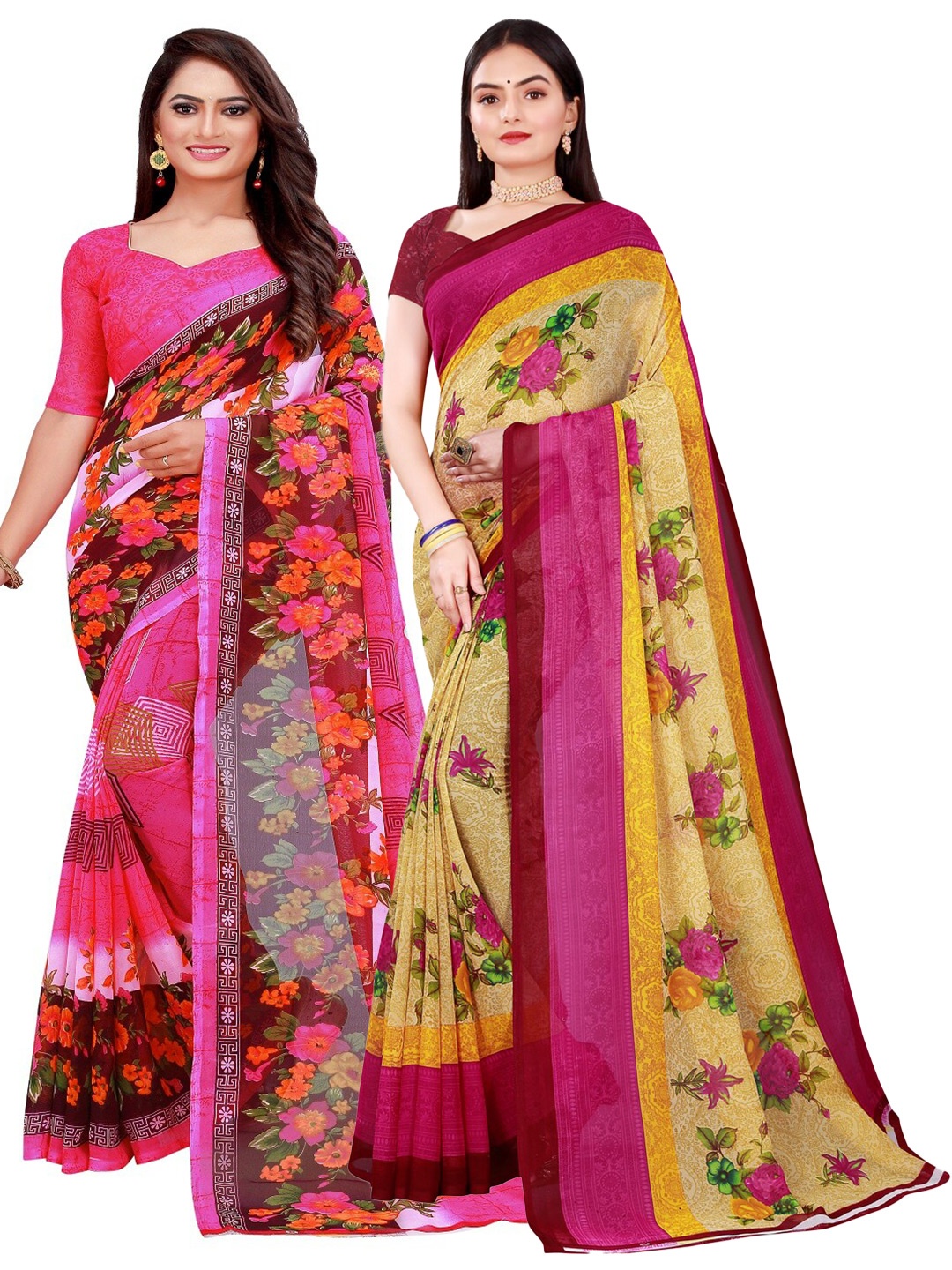 

SAADHVI Beige & Pink Floral Pure Georgette Saree