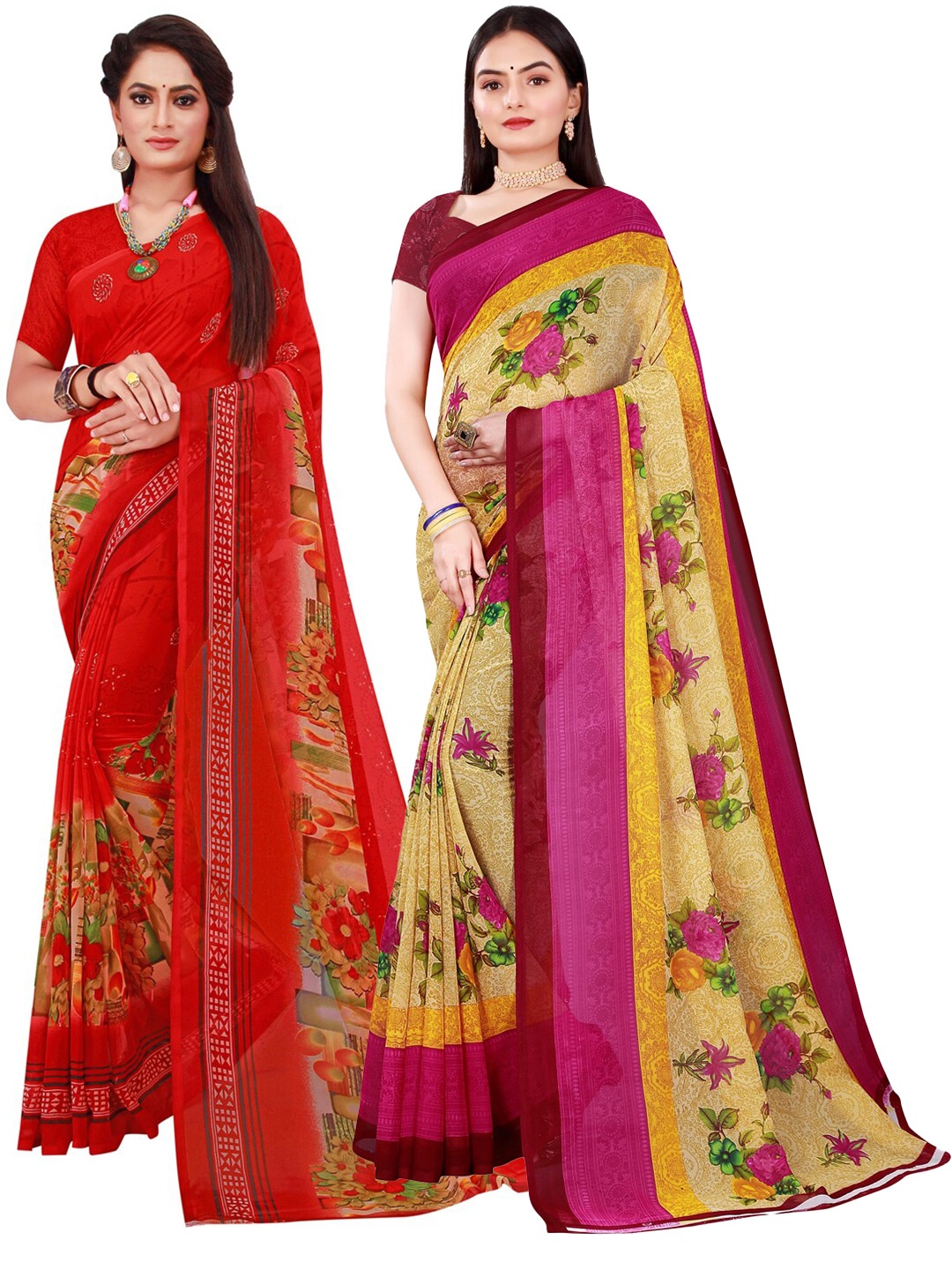 

SAADHVI Beige & Red Printed Combo Saree With Unstitched Blouse Pure Georgette Saree