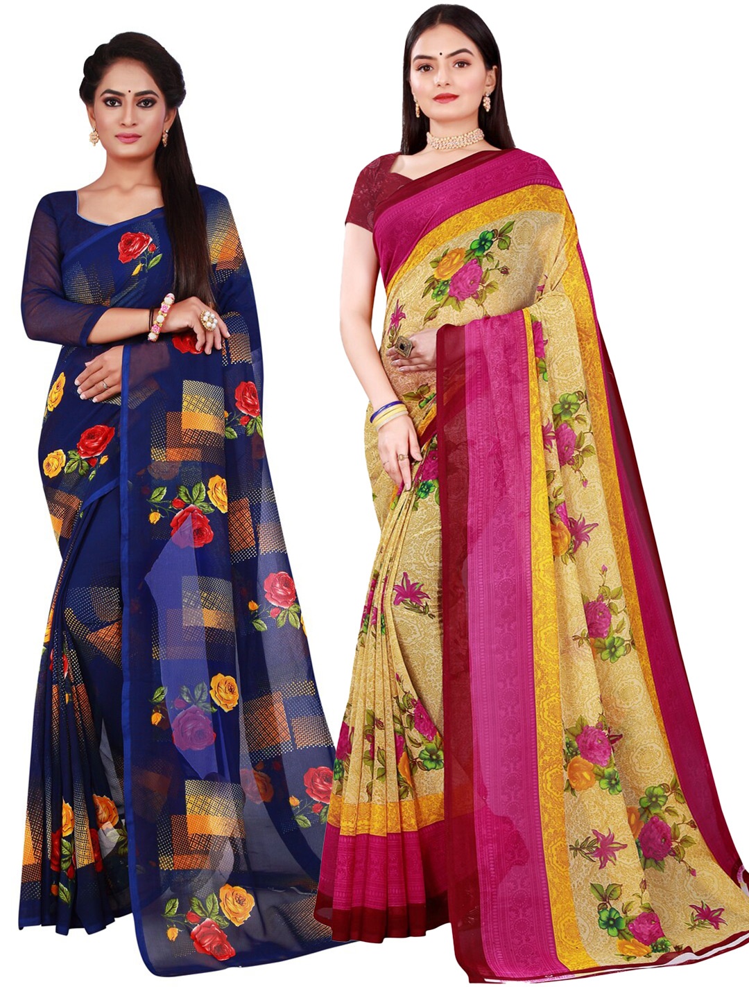 

SAADHVI Women Beige & Blue Floral Pure Georgette Saree