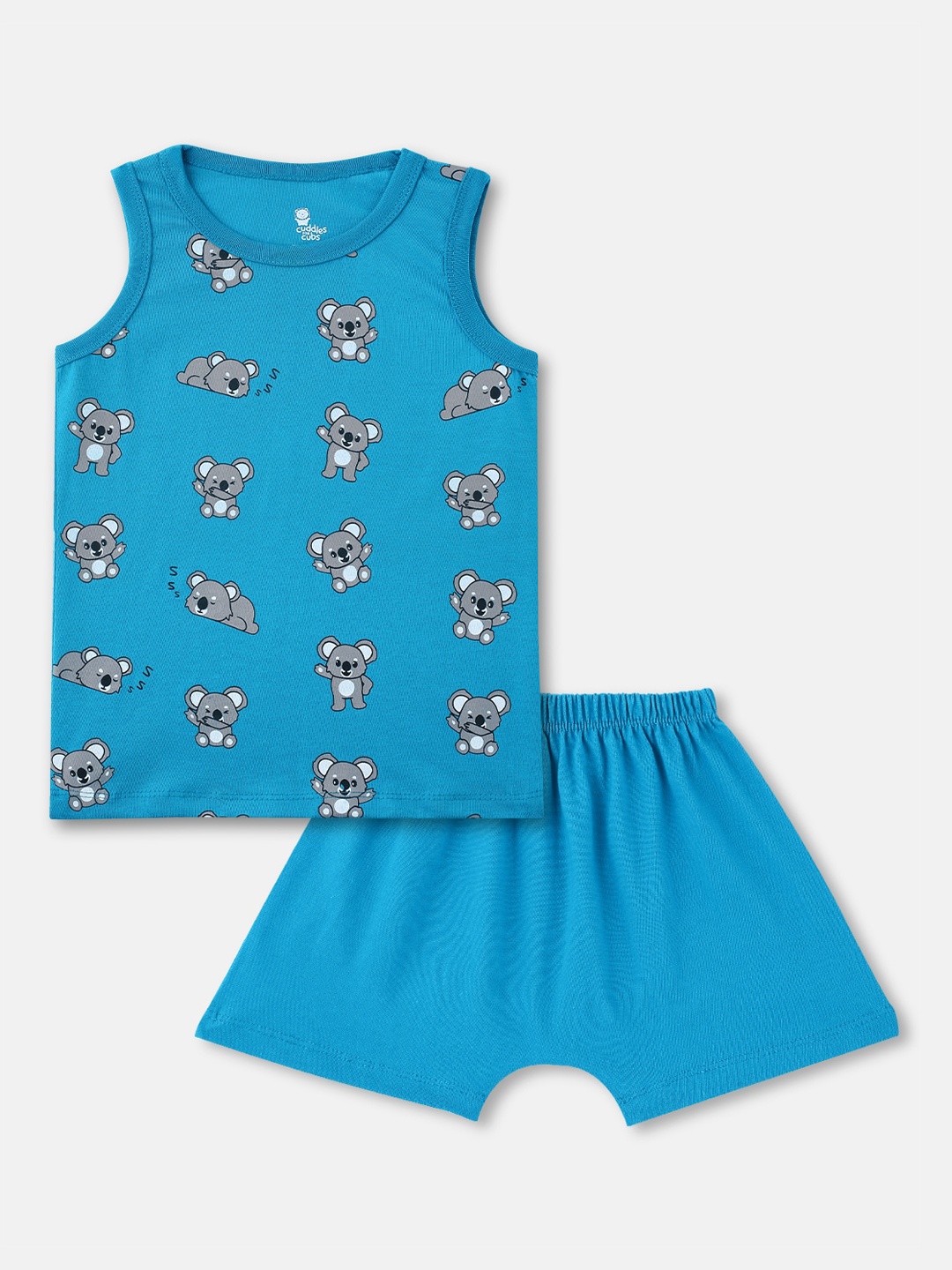 

Cuddles for Cubs Unisex Kids Blue & Grey Printed Top with Shorts