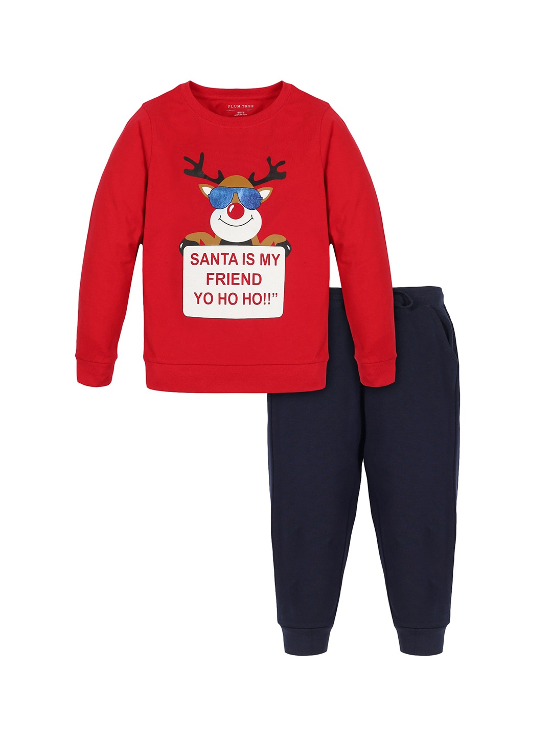 

PLUM TREE Boys Red & Navy Blue Printed Pure Cotton T-shirt with Joggers