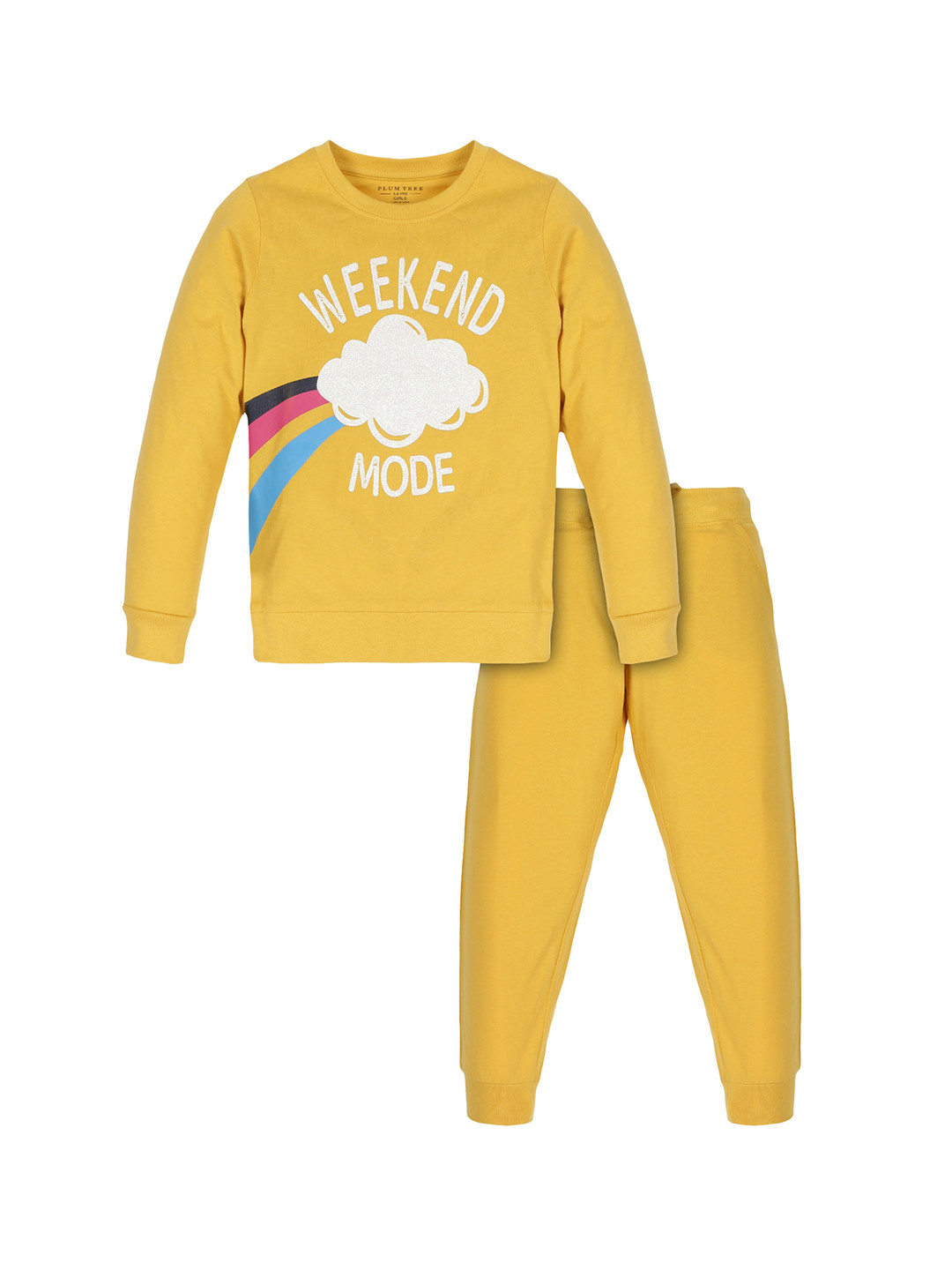 

PLUM TREE Girls Yellow & White Printed Cotton T-shirt with Trousers