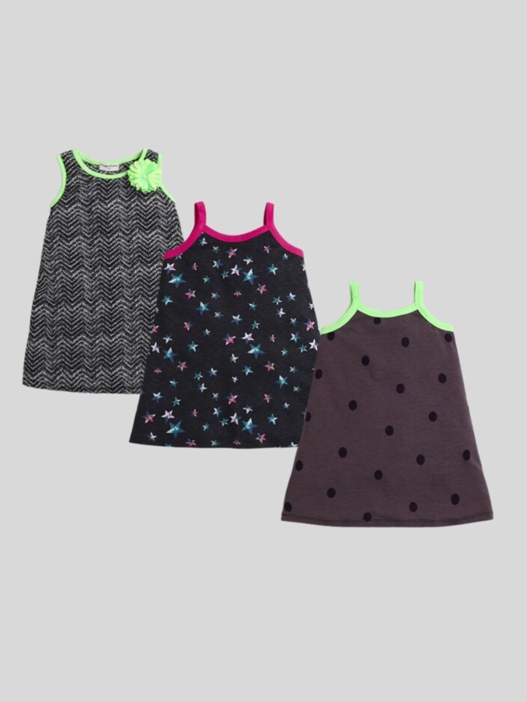 

CrayonFlakes Pack Of 3 Girls Multicoloured Printed Sleeveless A-Line Dress, Black