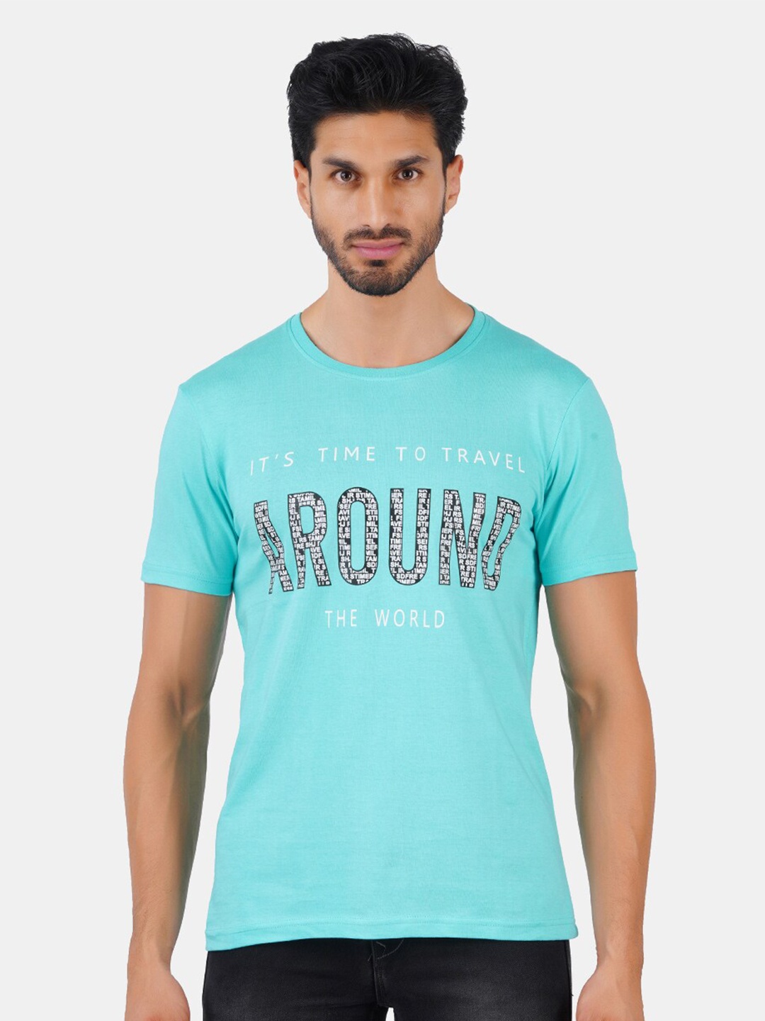 

Vibrant Vesture Men Turquoise Blue Typography Printed Bio Finish Applique T-shirt