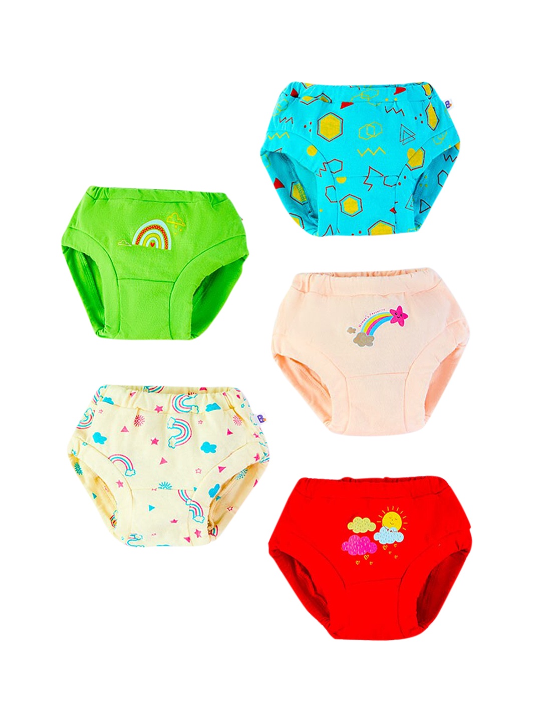 

SuperBottoms Kids Pack Of 5 Multi-Colored Printed Pure Cotton Sustainable Basic Briefs BAS-UND-U-BR-DD
