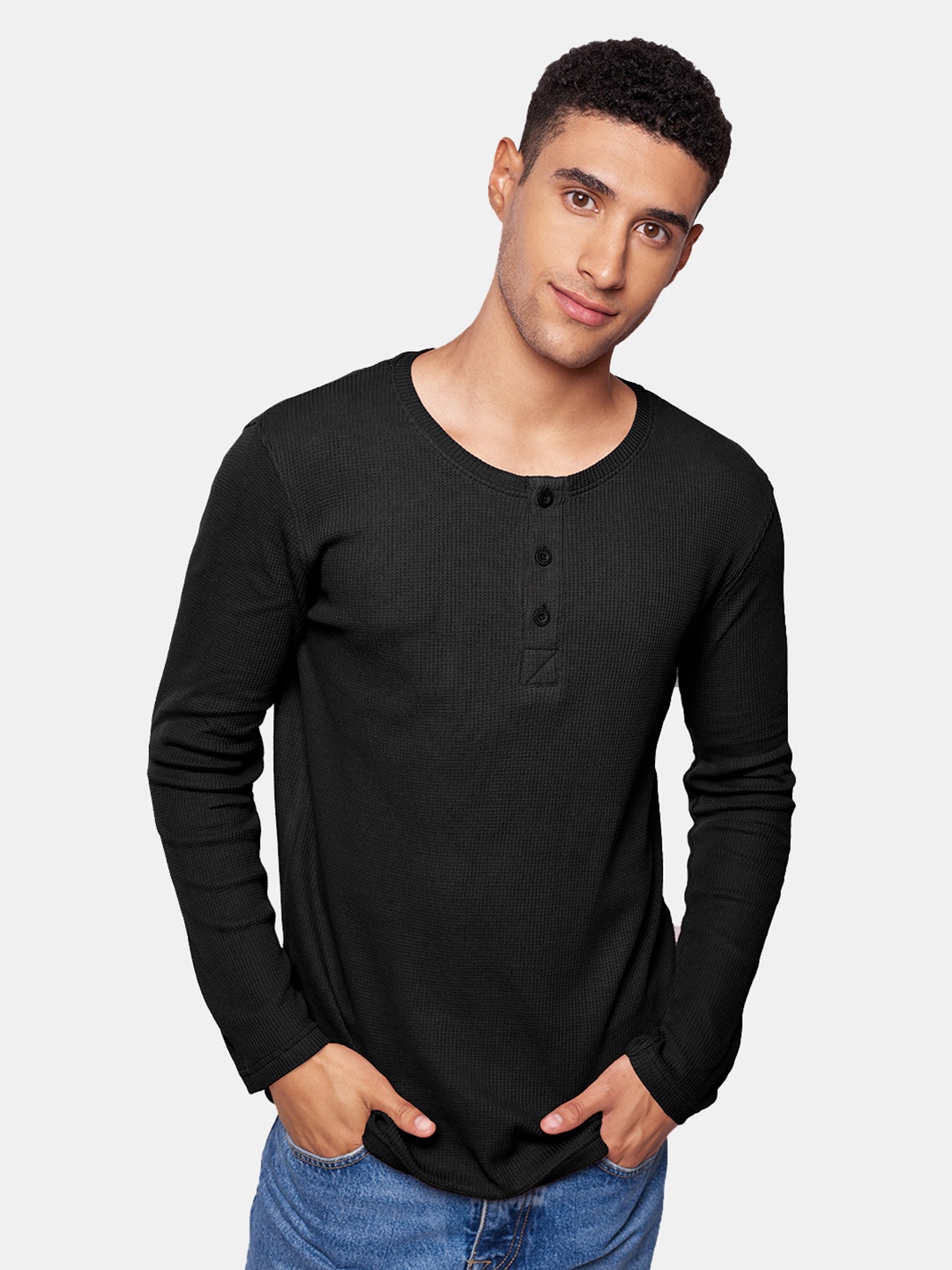 

The Souled Store Men Black Henley Neck Pure Cotton T-shirt