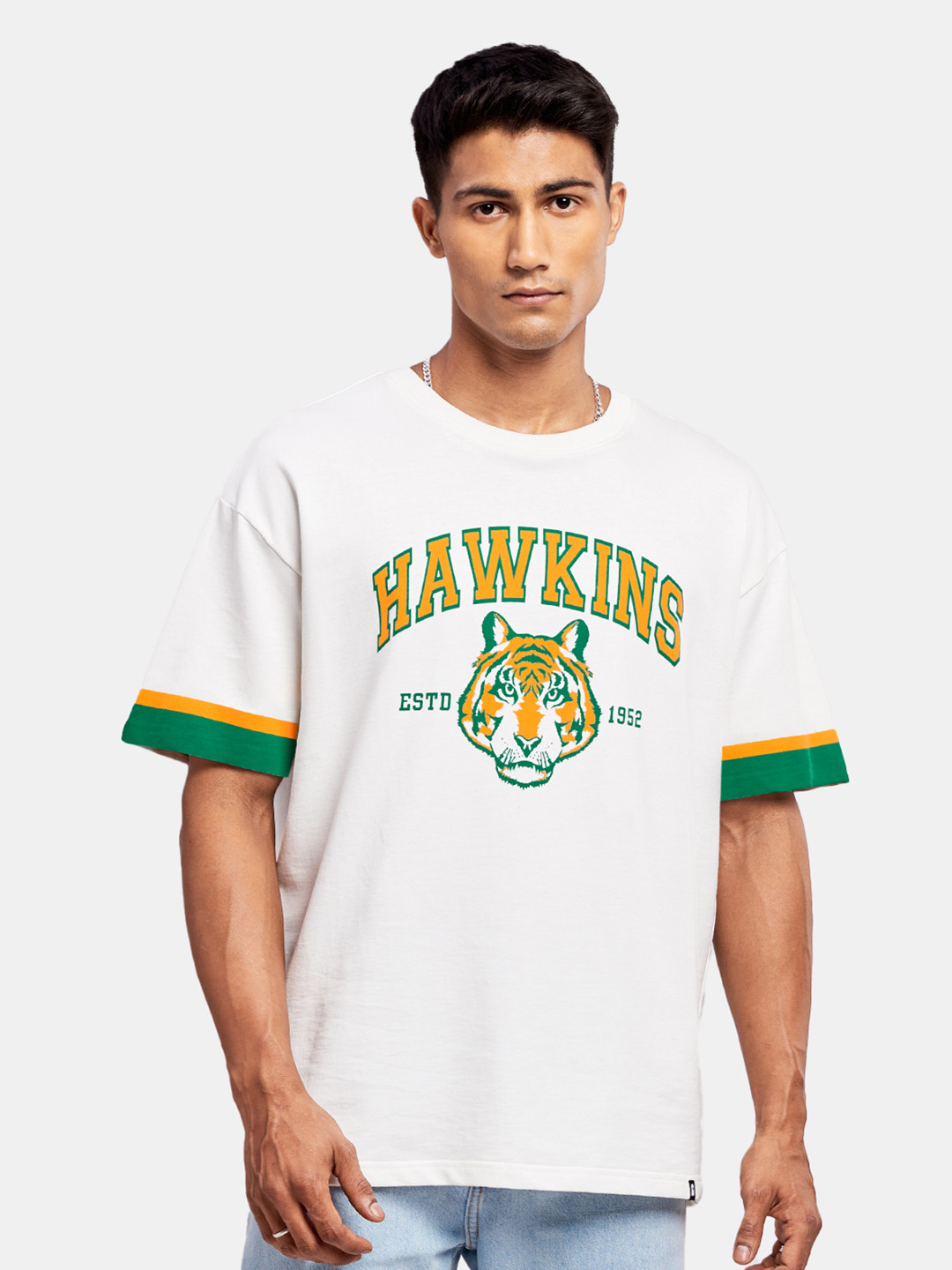 

The Souled Store Men White & Green Stranger Things: Go Hawkins Printed Oversized T-Shirt