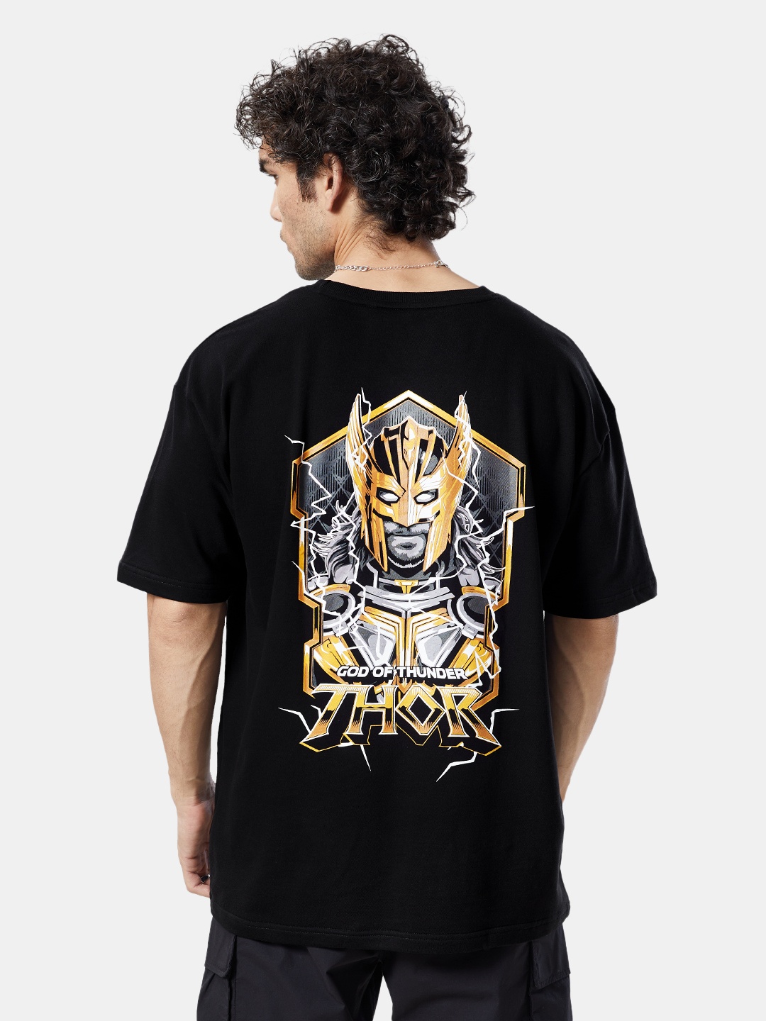 

The Souled Store Men Black Thor Meet The God Of Thunder Back Print Oversized T-Shirt