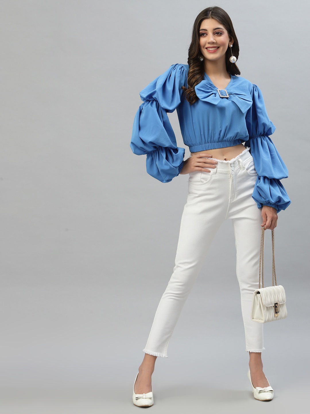 

KASSUALLY Blue Balloon Sleeves Front Bow Crop Top