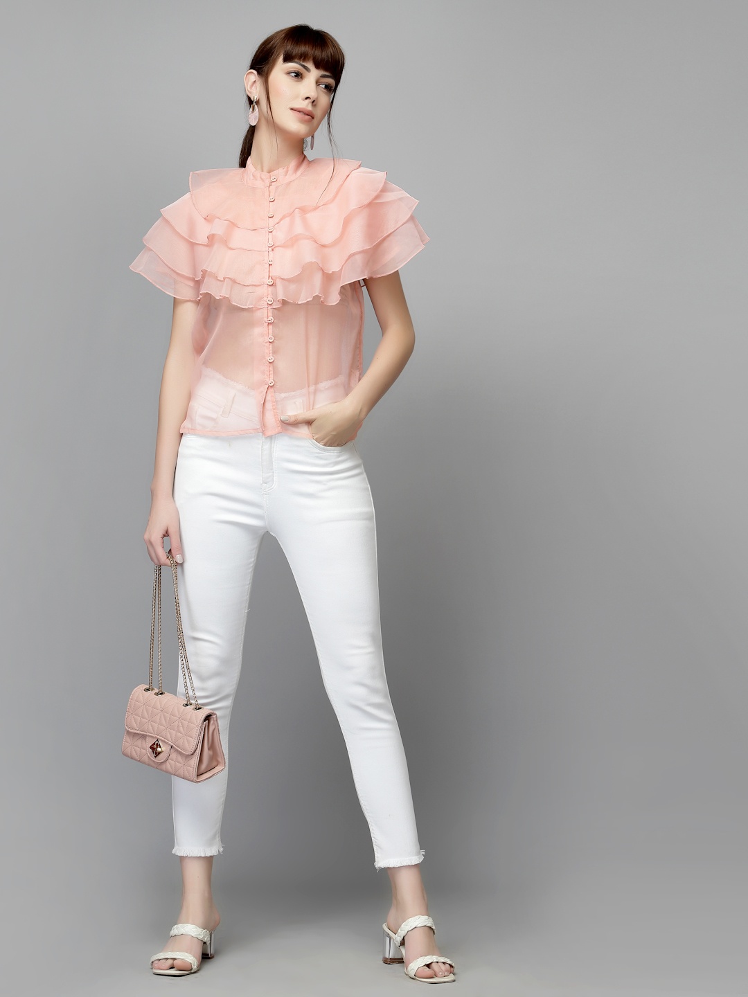 

KASSUALLY Peach-Coloured Mandarin Collar Ruffles Shirt Style Top