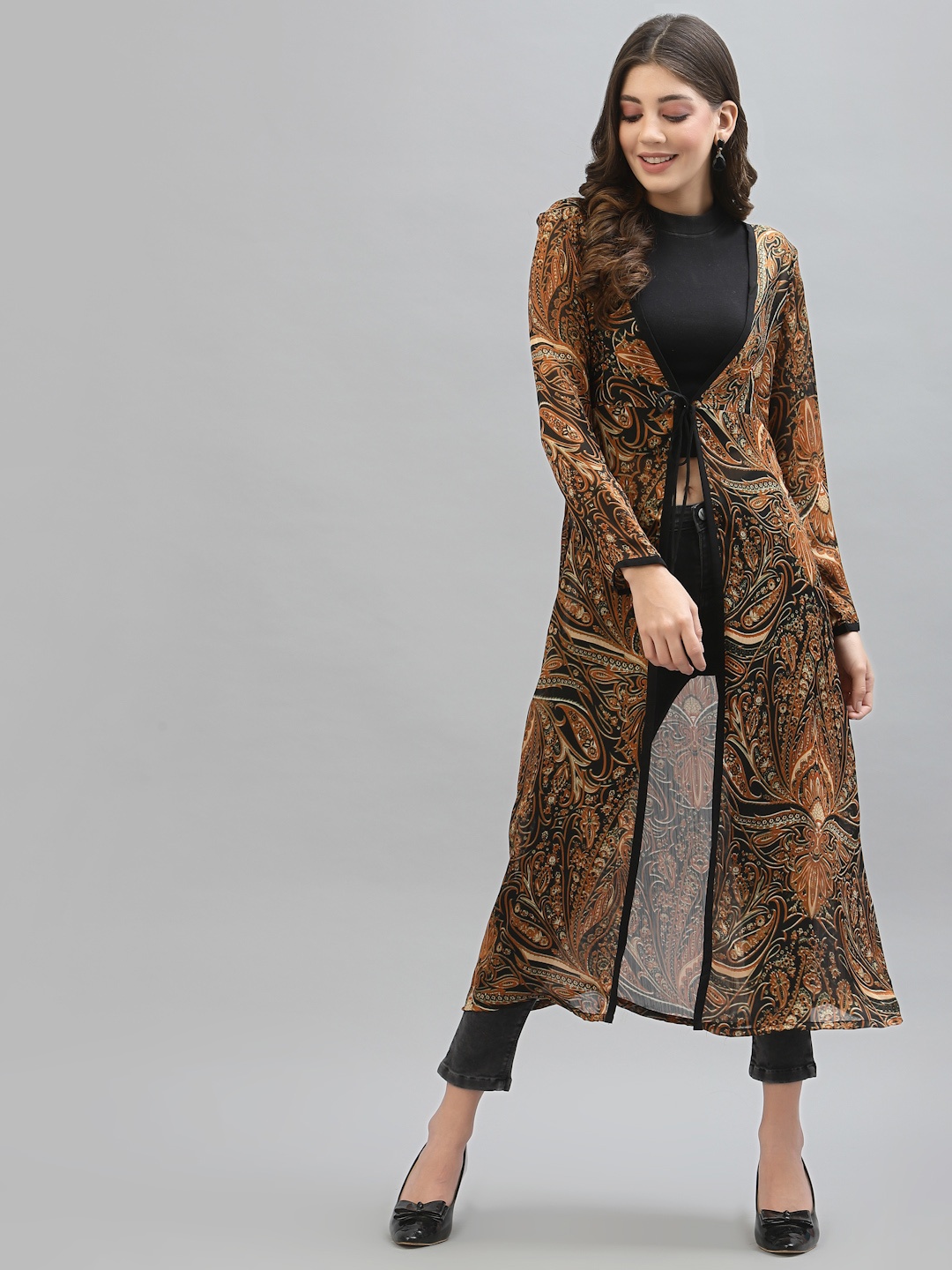 

KASSUALLY Women Rust & Black Printed Longline Tie-Up Shrug