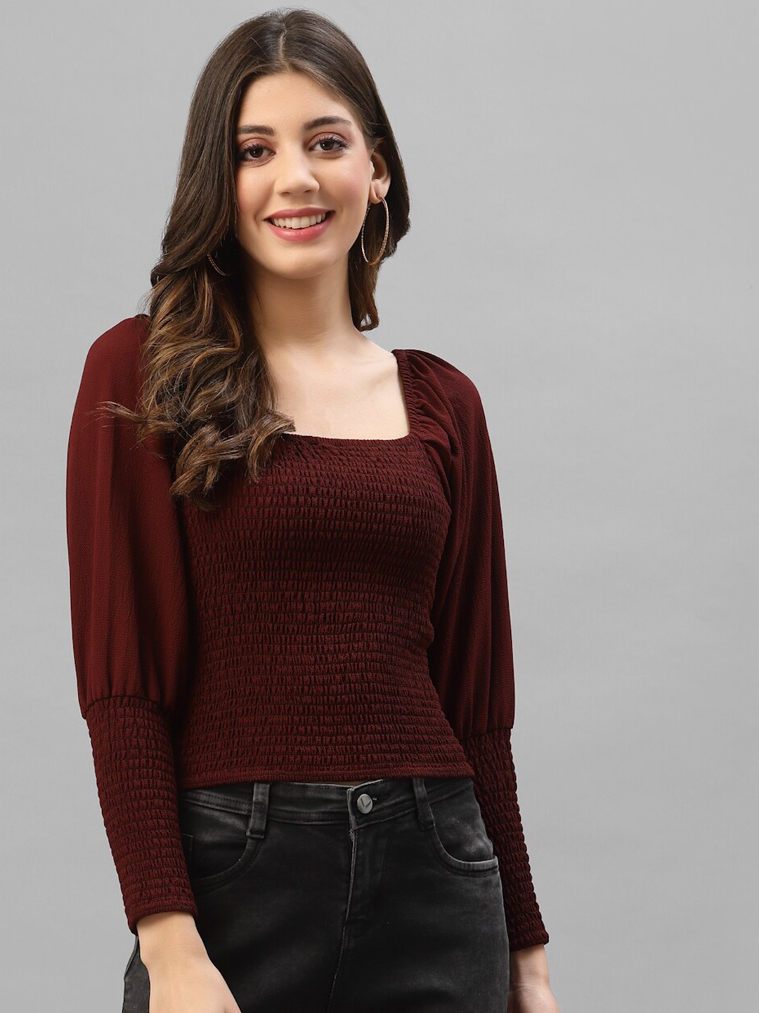 

KASSUALLY Women Maroon Puff Sleeves Smocked Fitted Crop Top