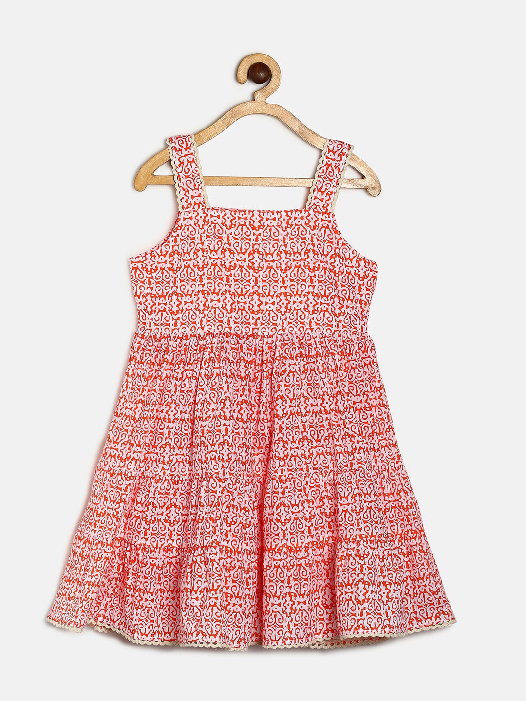 

MANET Orange Floral Ethnic Cotton Layer Frock Printed Dress