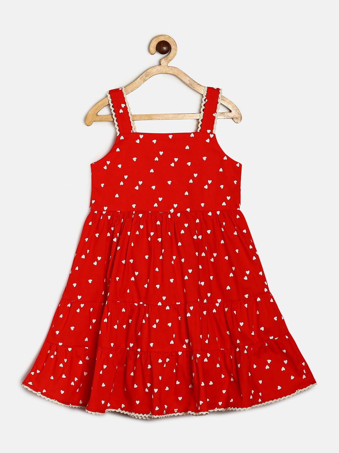 

MANET Girls Red & White Cotton Layer Frock Heart Printed Dress