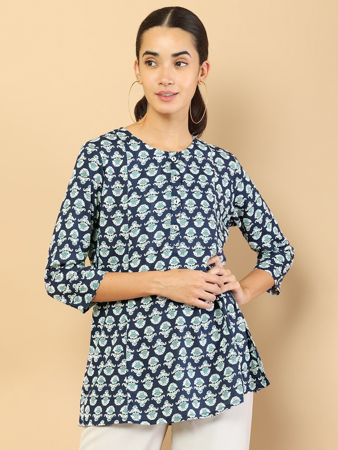 

Soch Women Navy Blue & White Viscose Rayon Printed Tunic