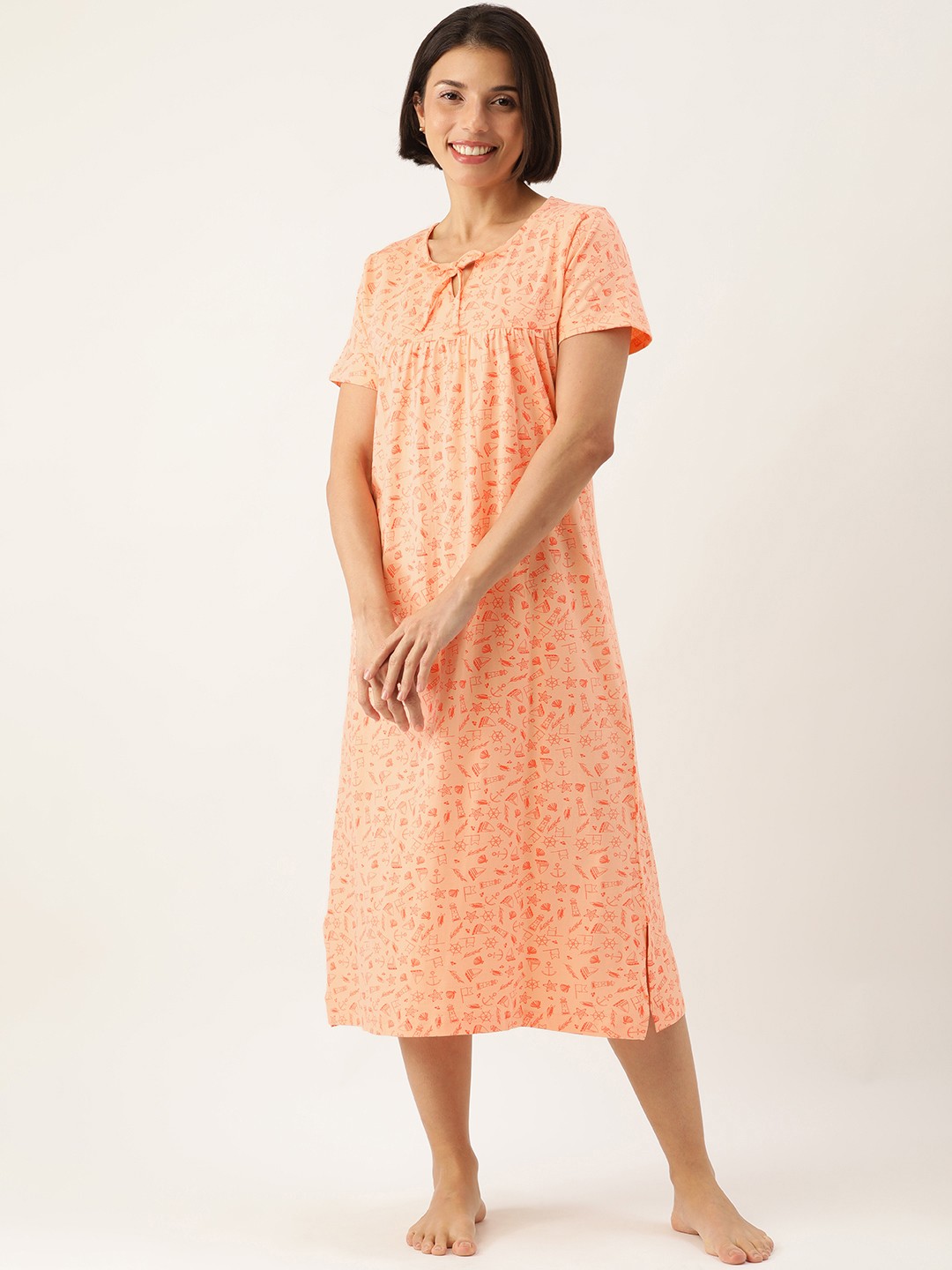 

Slumber Jill Women Coral Orange Conversational Printed Casual Nightdress