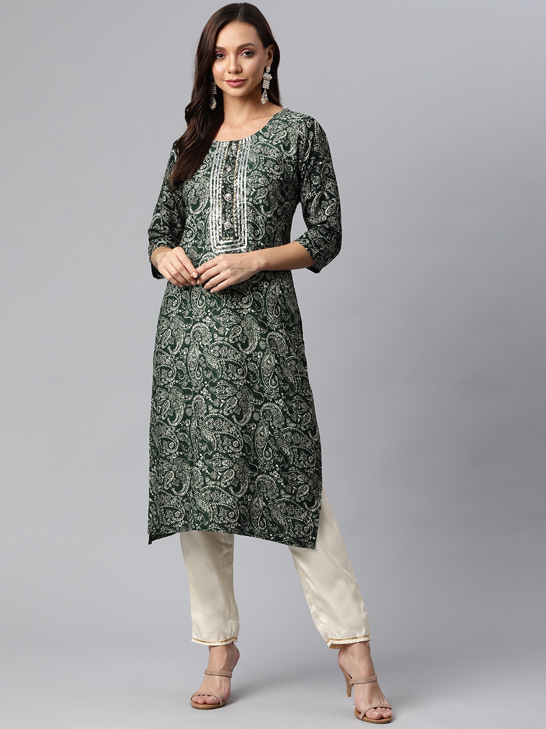 

Fashion FRICKS Women Green & Cream-Coloured Ethnic Motifs Printed Kurta