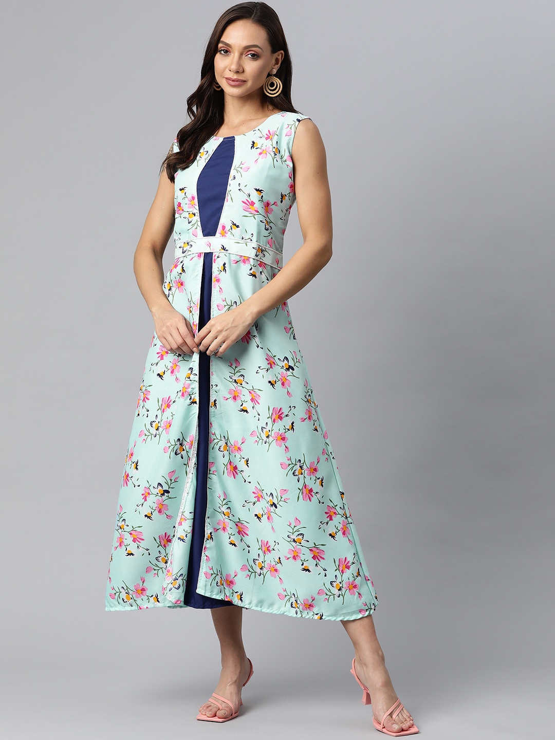

Fashion FRICKS Blue & Pink Floral A-Line Midi Dress