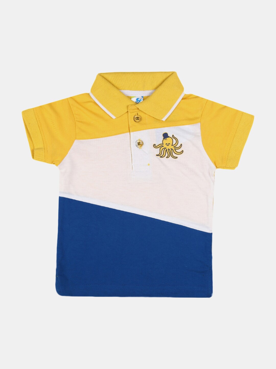 

V-Mart Kids Yellow Floral Colourblocked Polo Collar Applique T-shirt