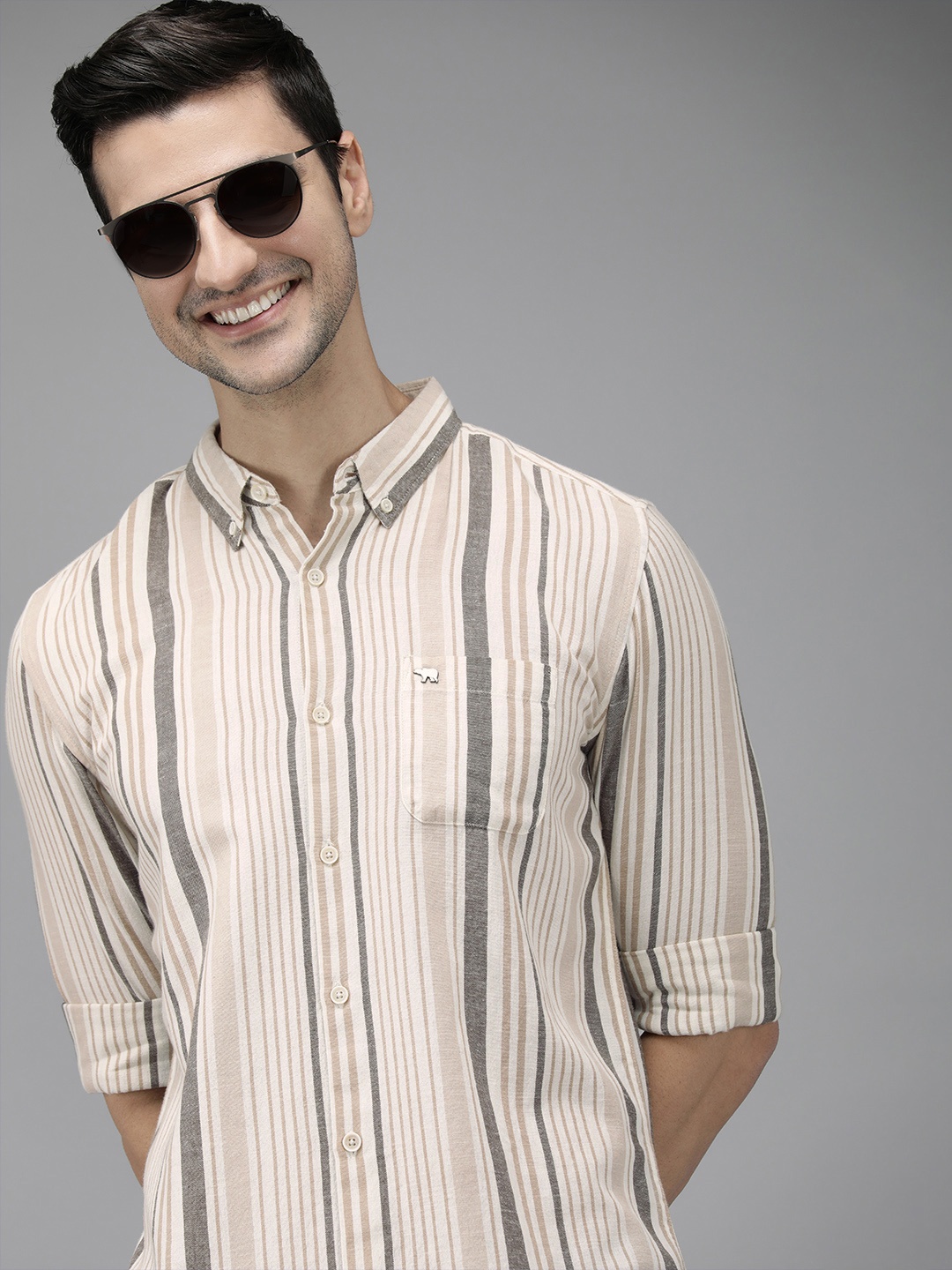 

THE BEAR HOUSE Men Beige Pure Cotton Striped Slim Fit Casual Shirt