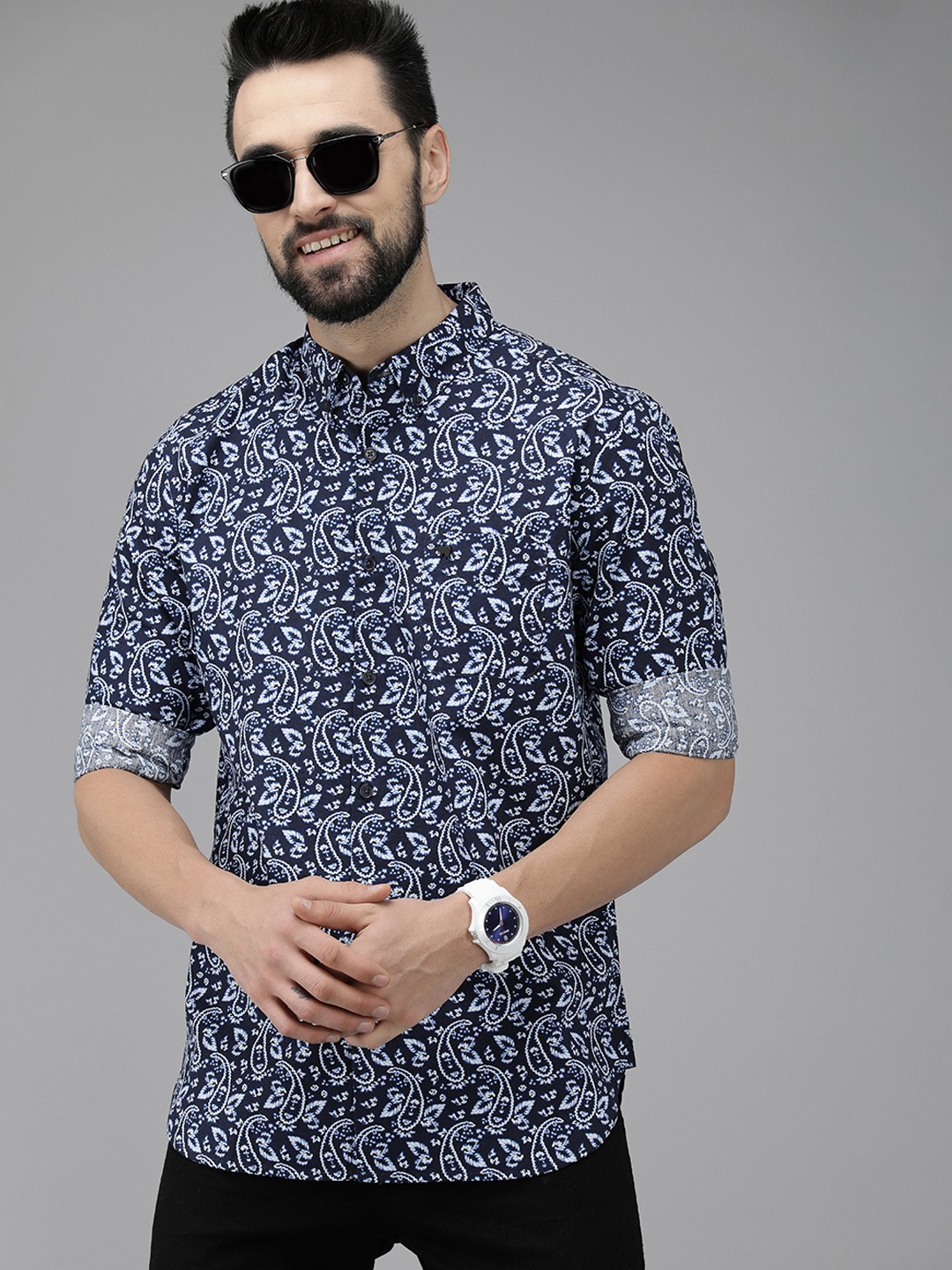

THE BEAR HOUSE Men Navy Blue Pure Cotton Slim Fit Paisley Printed Casual Shirt