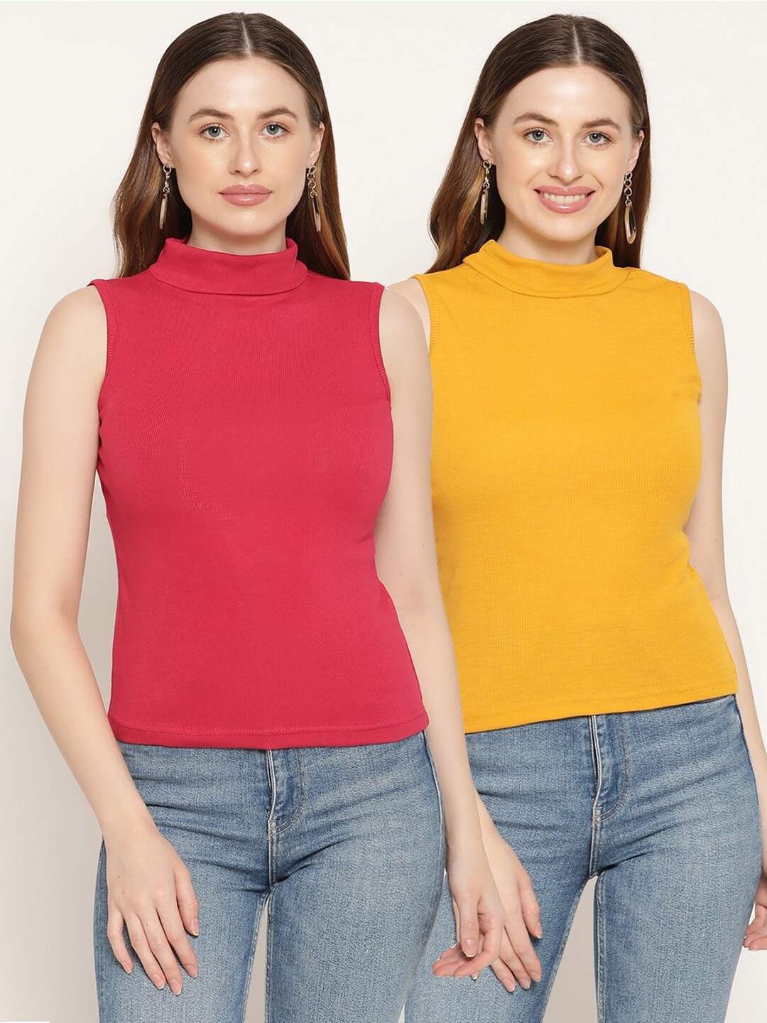 

Miaz Lifestyle Mustard Yellow & Red Pack Of 2 Fitted Tops