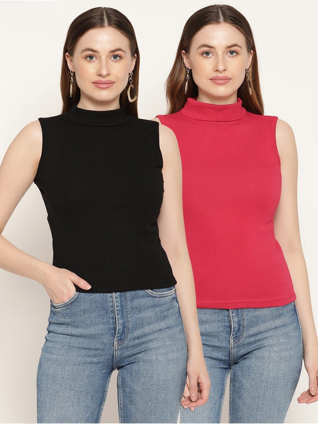 

Miaz Lifestyle Set Of 2 Red & Black High Neck Top