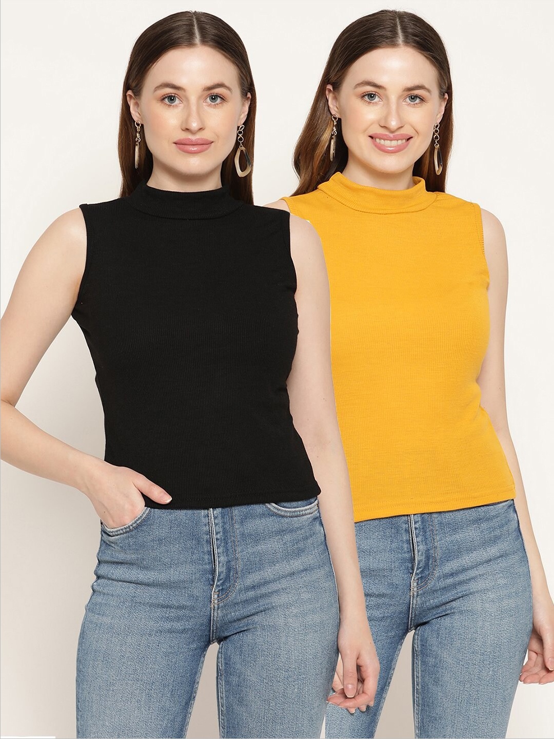 

Miaz Lifestyle Mustard Yellow & Black Pack of 2 Organic Cotton Fitted Tops