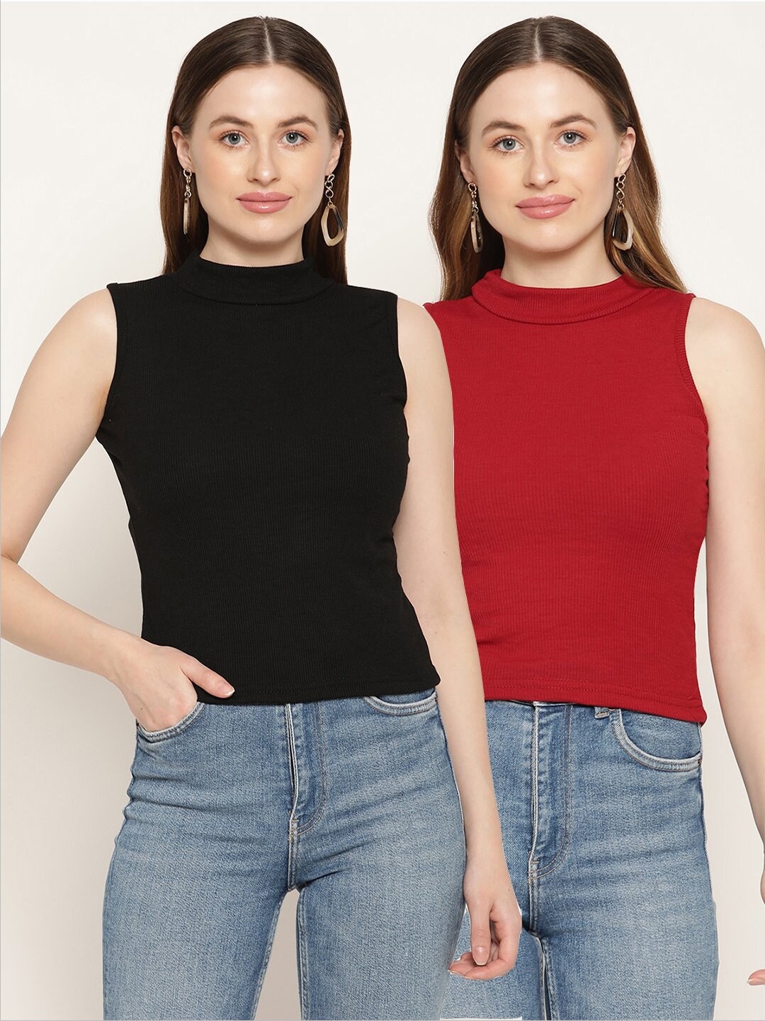 

Miaz Lifestyle Women Pack of 2 Black & Red Solid Organic Cotton Crop Tops