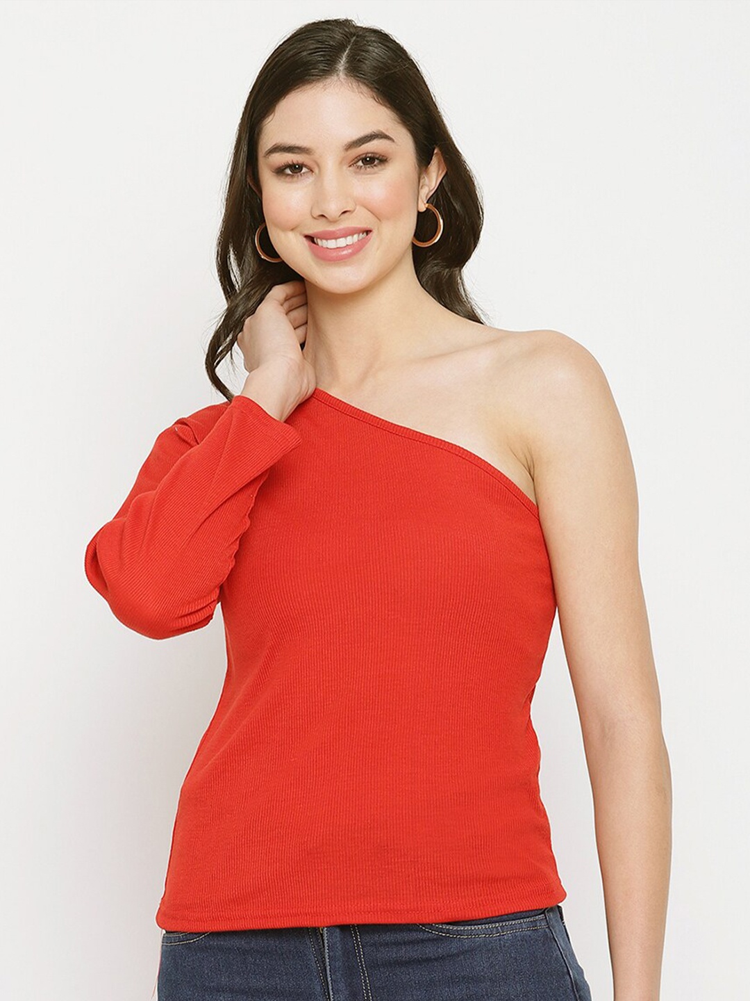

Miaz Lifestyle Red One Shoulder Chambray Top