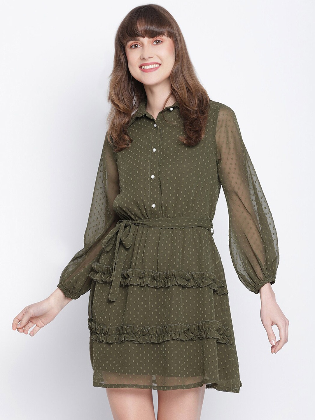 

DRAAX Fashions Olive Green Self Design Ruffled Chiffon Shirt Dress